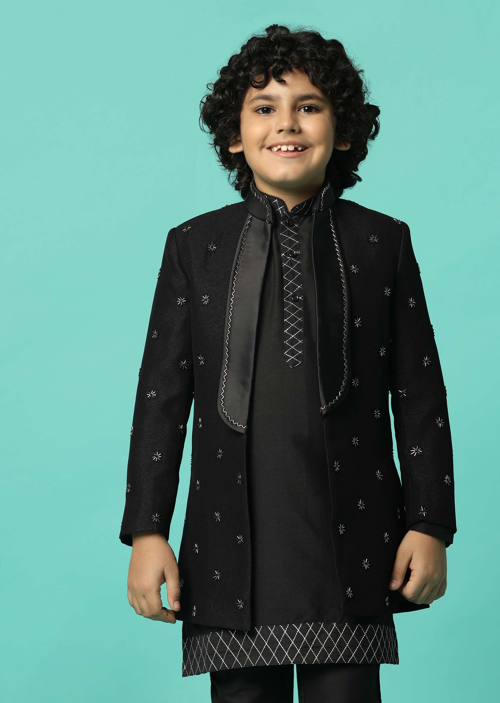 Elegant Black Silk Sherwani Set For Boys - Image 2
