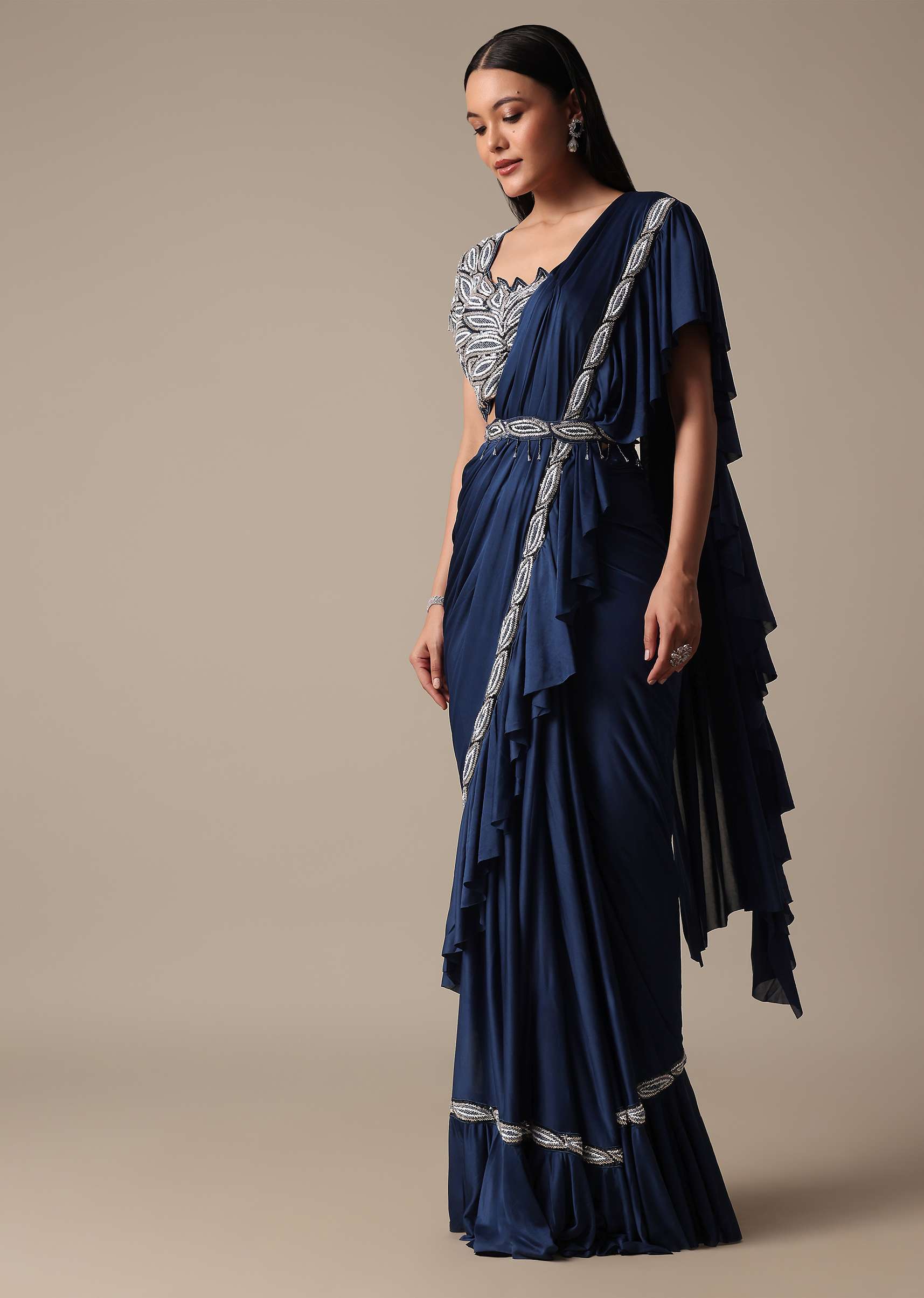 Elegant Blue Frill Ready To Wear Saree With Embellished Blouse - Image 3