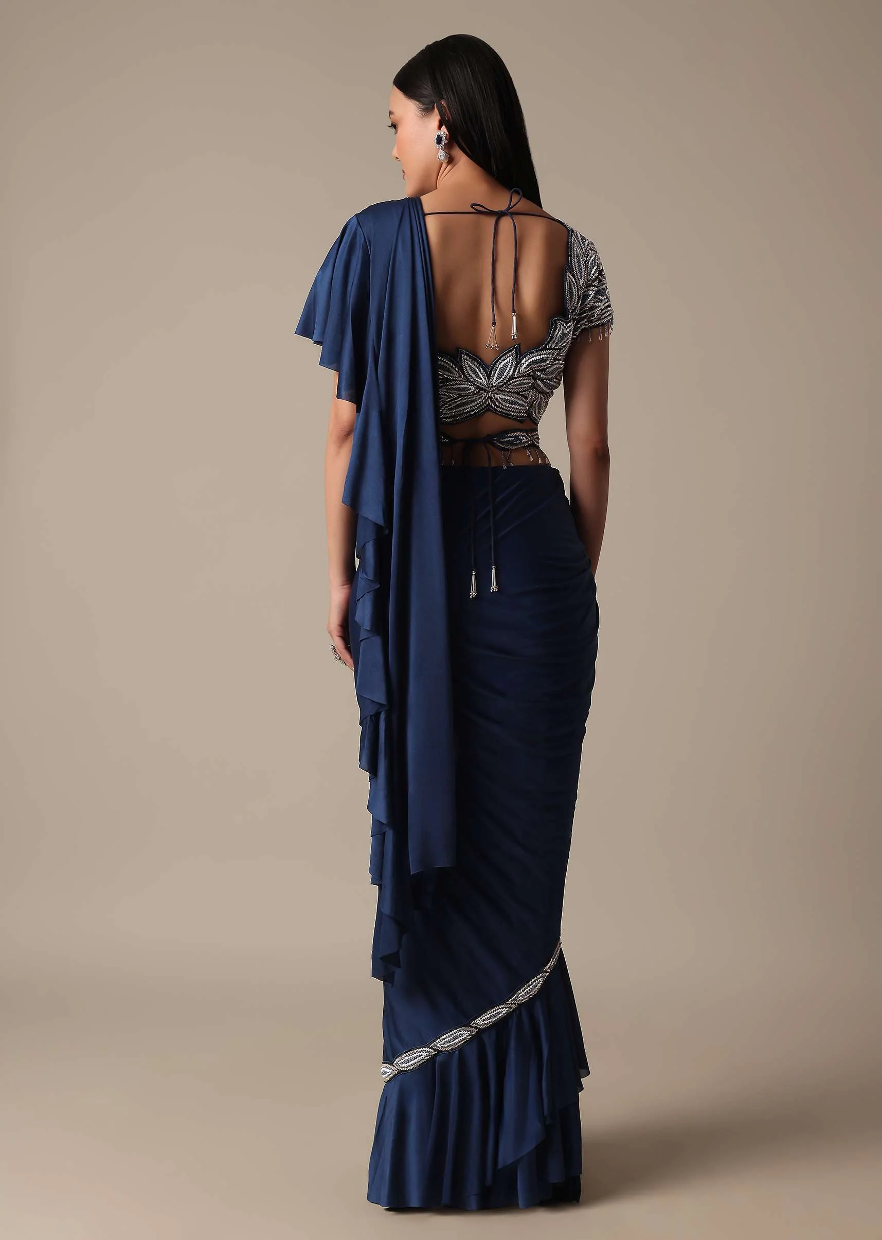 Elegant Blue Frill Ready To Wear Saree With Embellished Blouse - Image 5