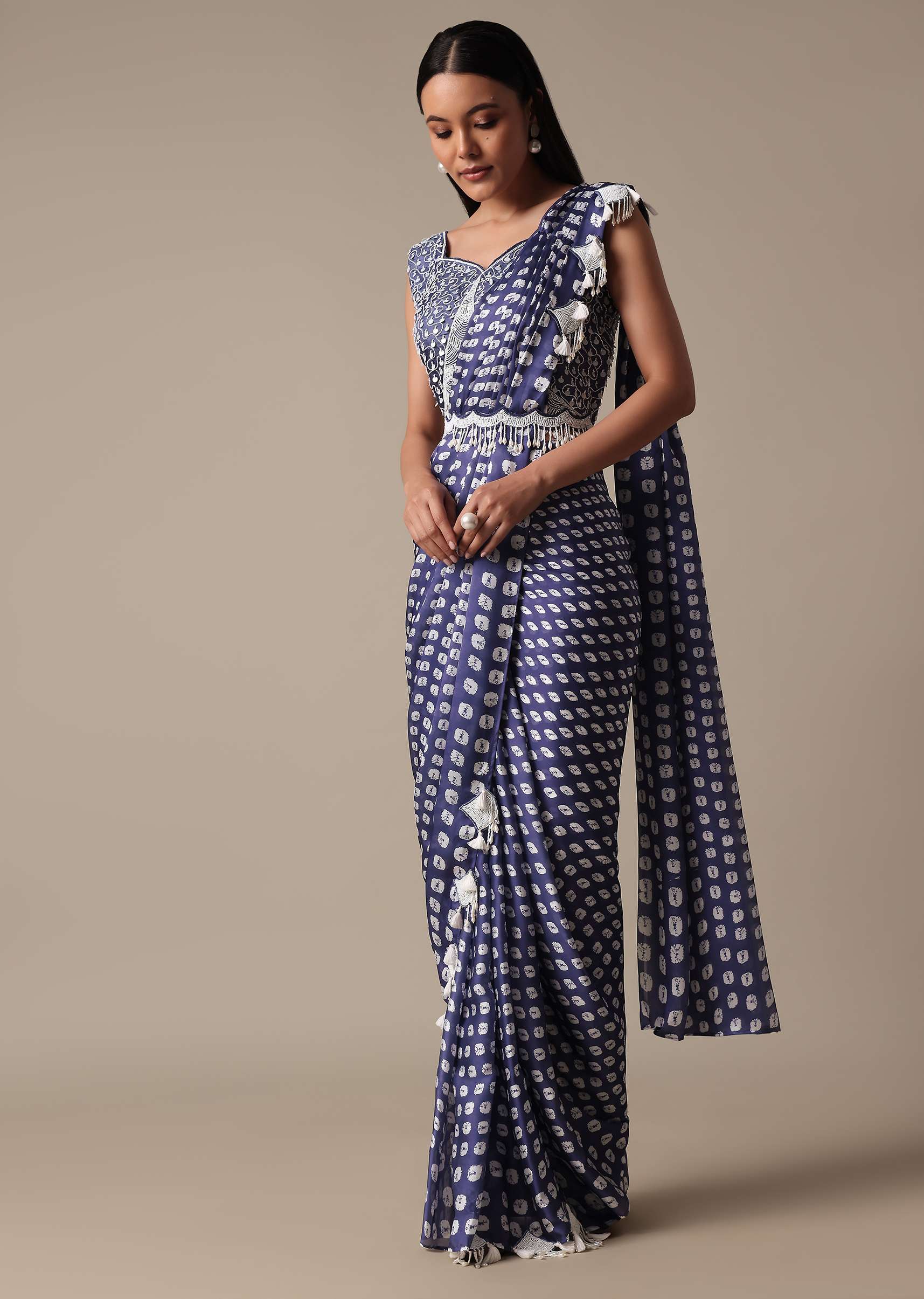 Elegant Blue Readymade Saree With Stitched Blouse - Image 4