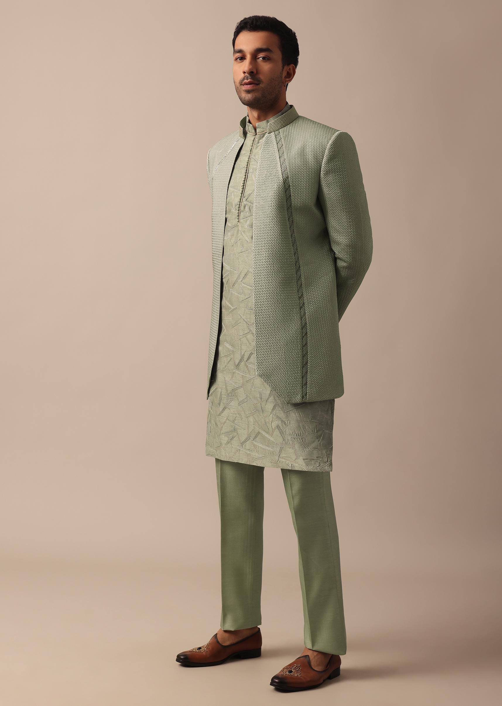Elegant Green Indowestern Set Featuring Striking Self Work - Image 3