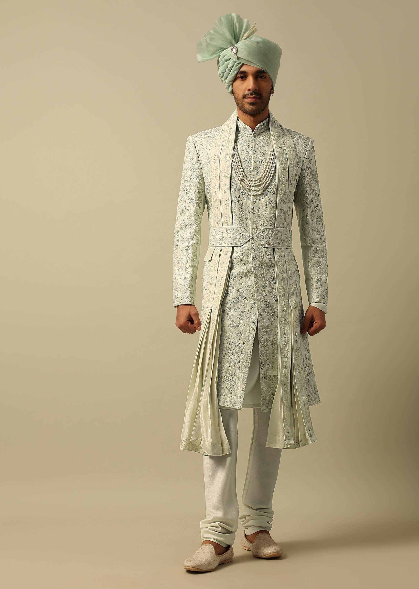 Elegant Green Raw Silk Sherwani Set - Image 2