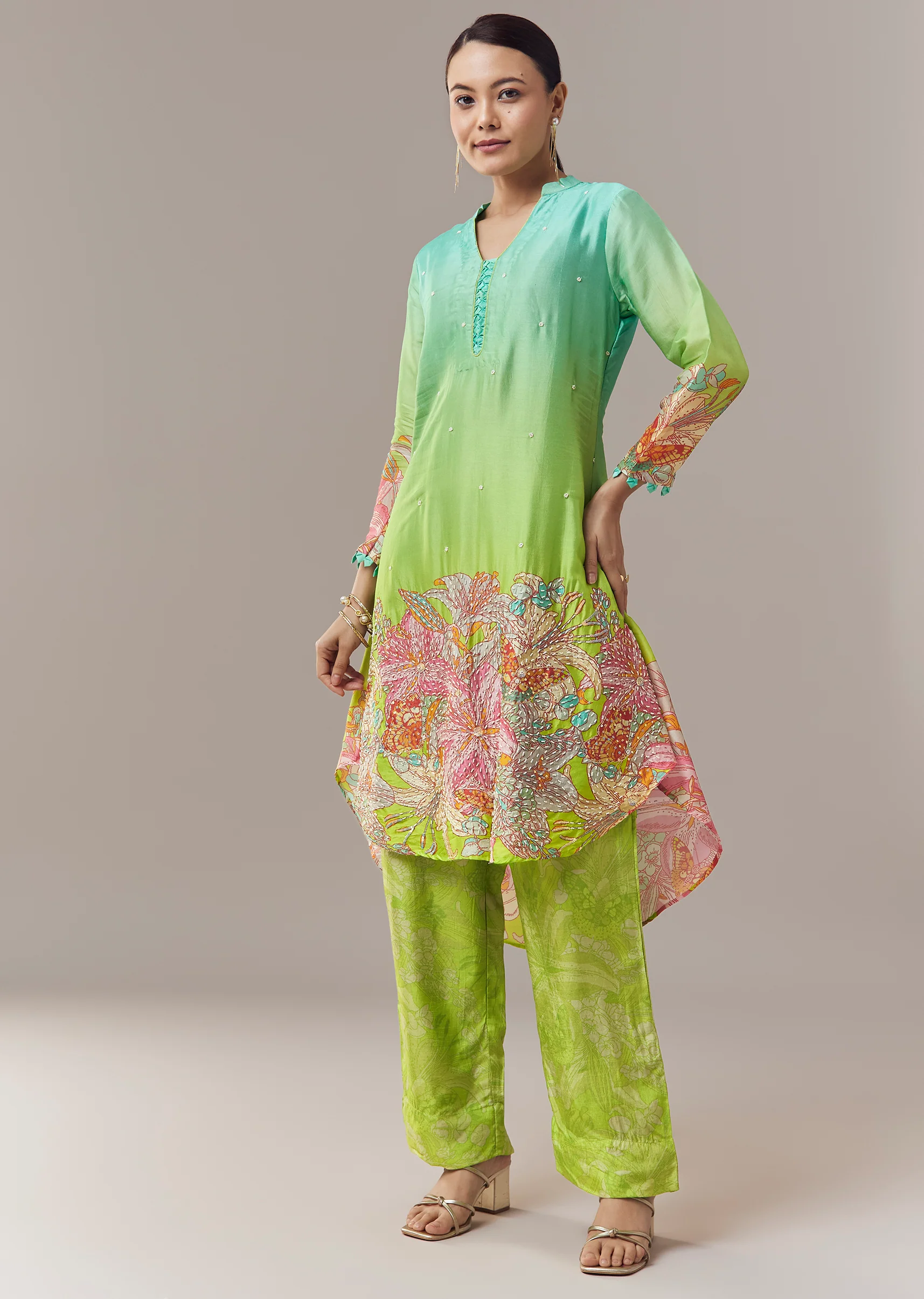 Elegant Green Silk Couple Set – Ombre Green Silk Coord Set For Her And Green Silk Printed Kurta Set For Him - Image 4