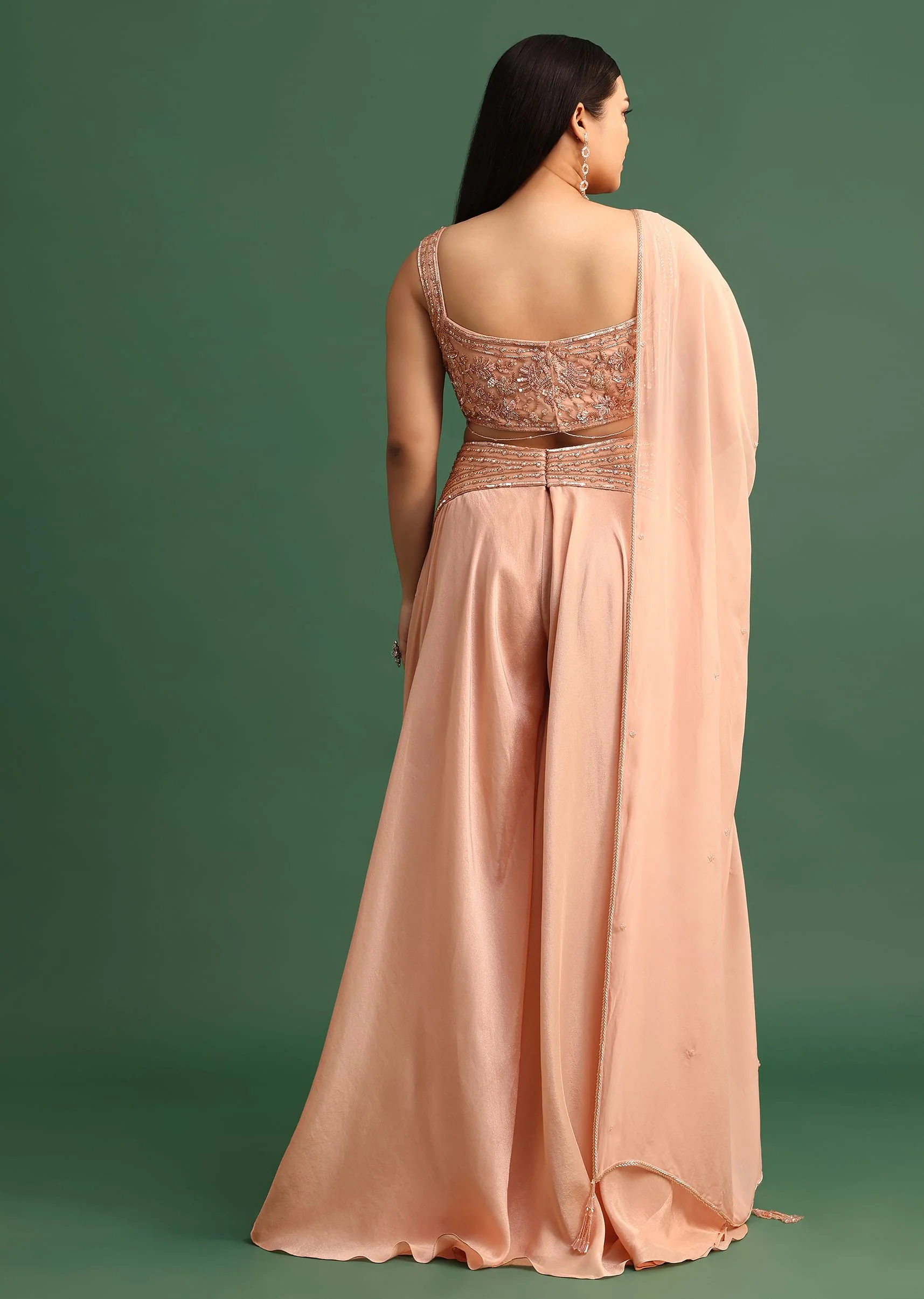 Embroidered Peach Fusion Suit With Dupatta And Flared Pants - Image 5
