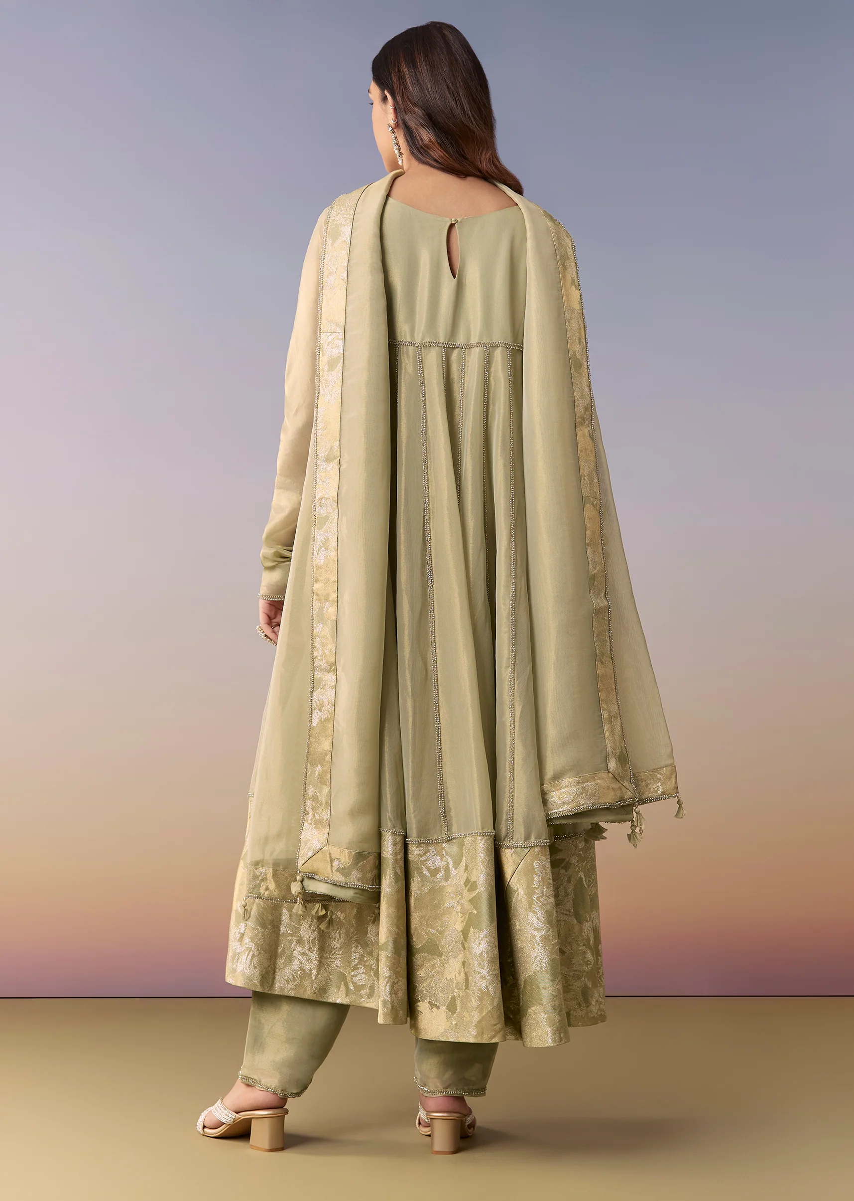 Emerald Festive Duo – Zardosi Anarkali Suit Set For Her And Silk Indo Western For Him - Image 5