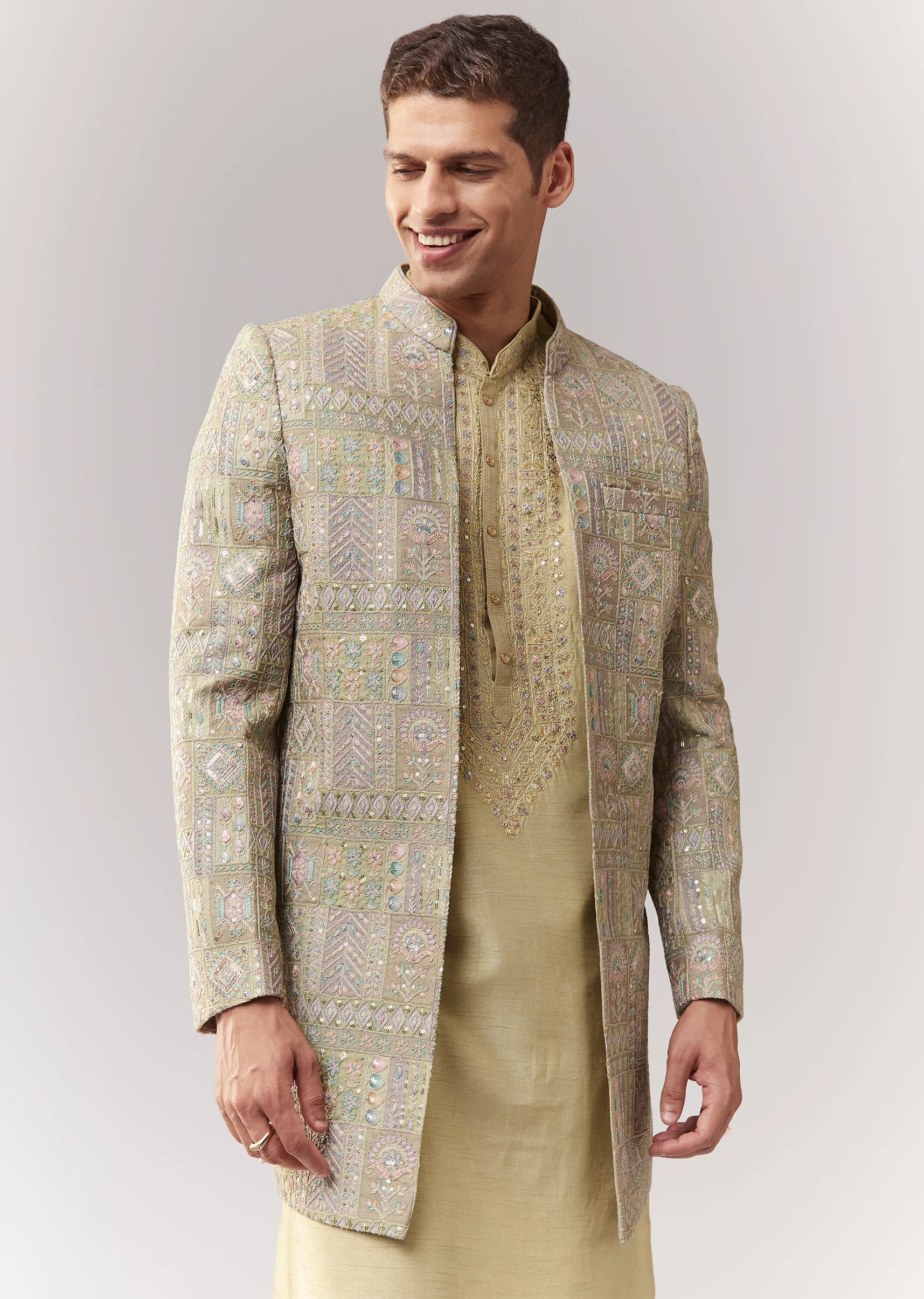 Emerald Festive Duo – Zardosi Anarkali Suit Set For Her And Silk Indo Western For Him - Image 8