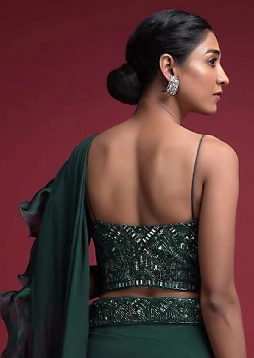 Emerald Green Corset Blouse With Hand Embellished Cut Dana And Sequins Accents And Spaghetti Straps - Image 2