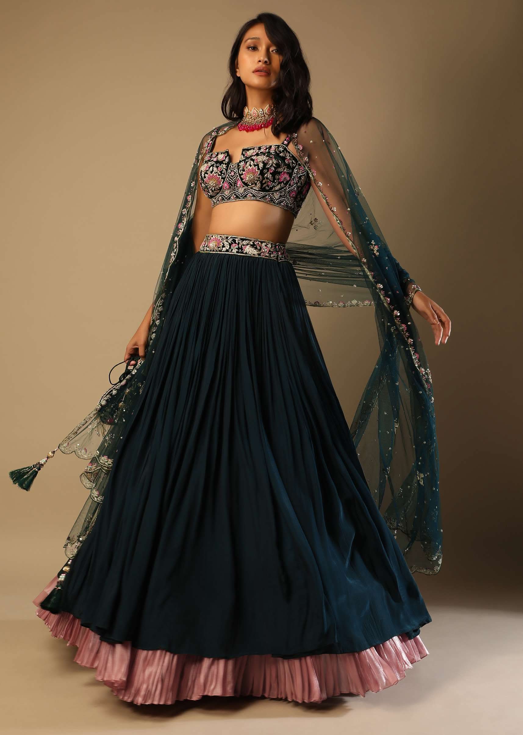Emerald Green Lehenga With Hand Embroidered Choli Using Multi Colored Floral Motifs - Image 3