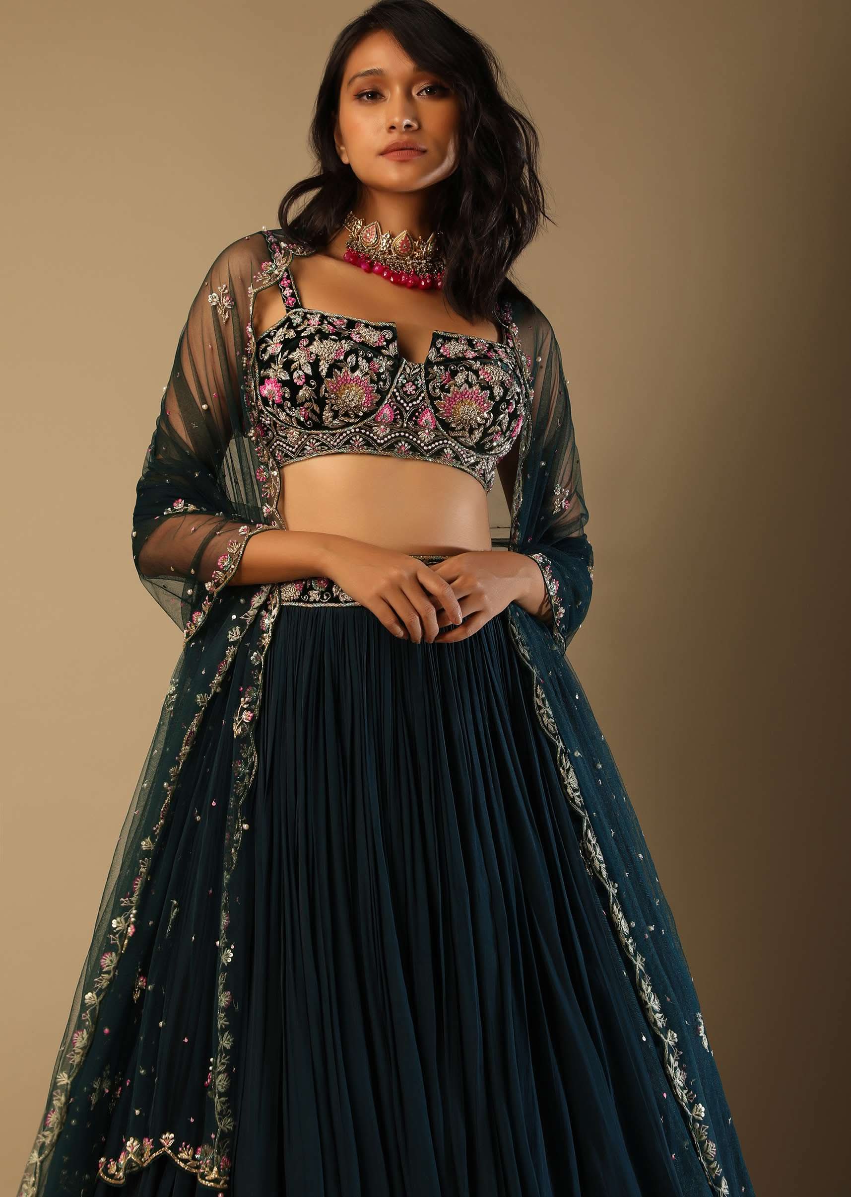 Emerald Green Lehenga With Hand Embroidered Choli Using Multi Colored Floral Motifs - Image 4