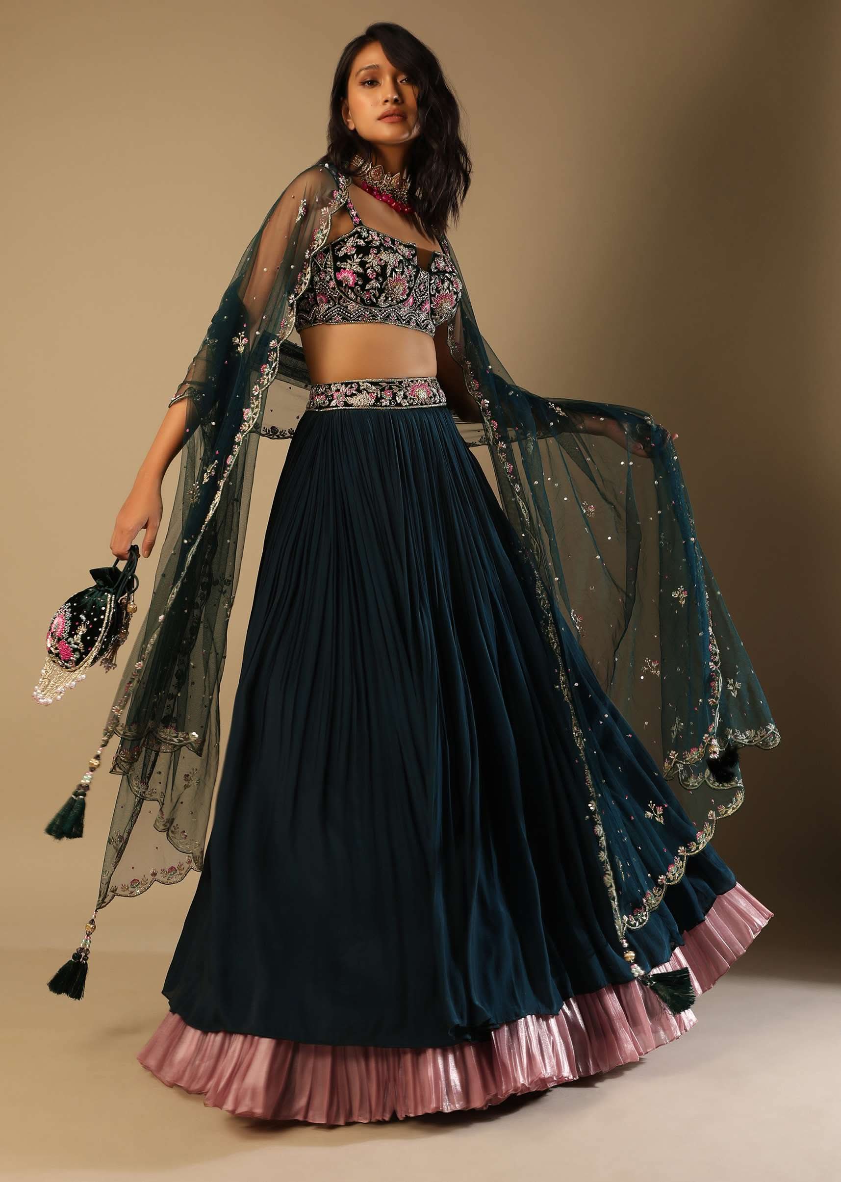 Emerald Green Lehenga With Hand Embroidered Choli Using Multi Colored Floral Motifs - Image 5