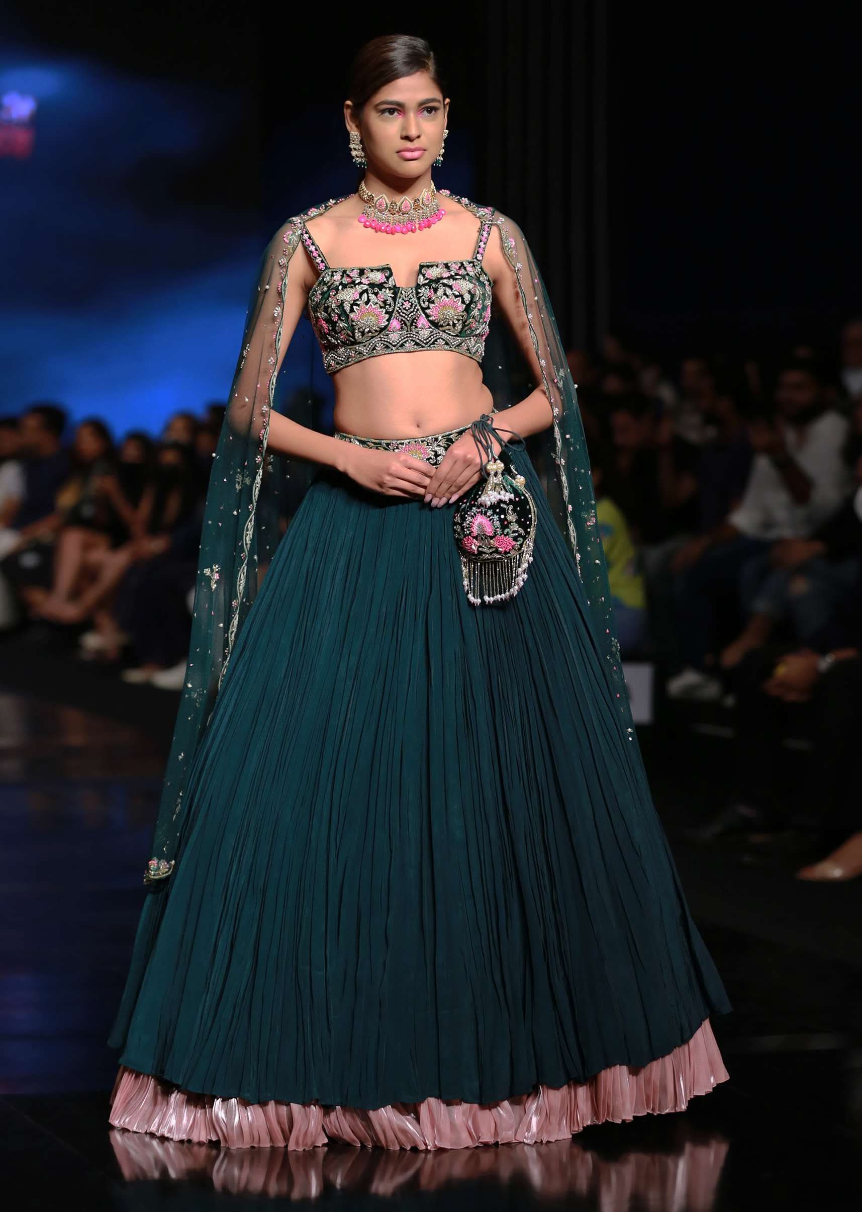 Emerald Green Lehenga With Hand Embroidered Choli Using Multi Colored Floral Motifs - Image 7