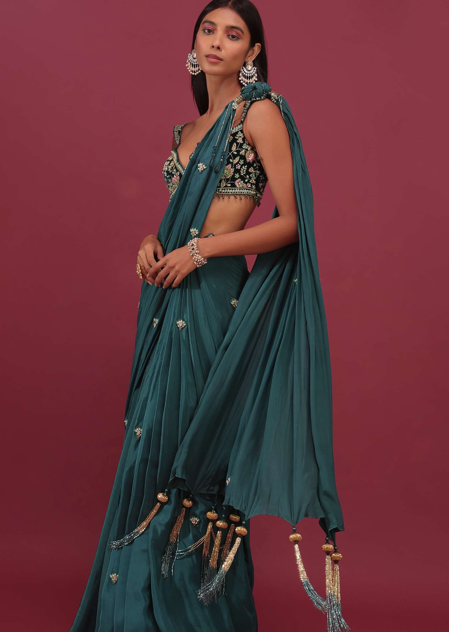 Emerald Green Pre Drape Saree With Floral Buttis And Embroidered Blouse - NOOR 2022 - Image 6