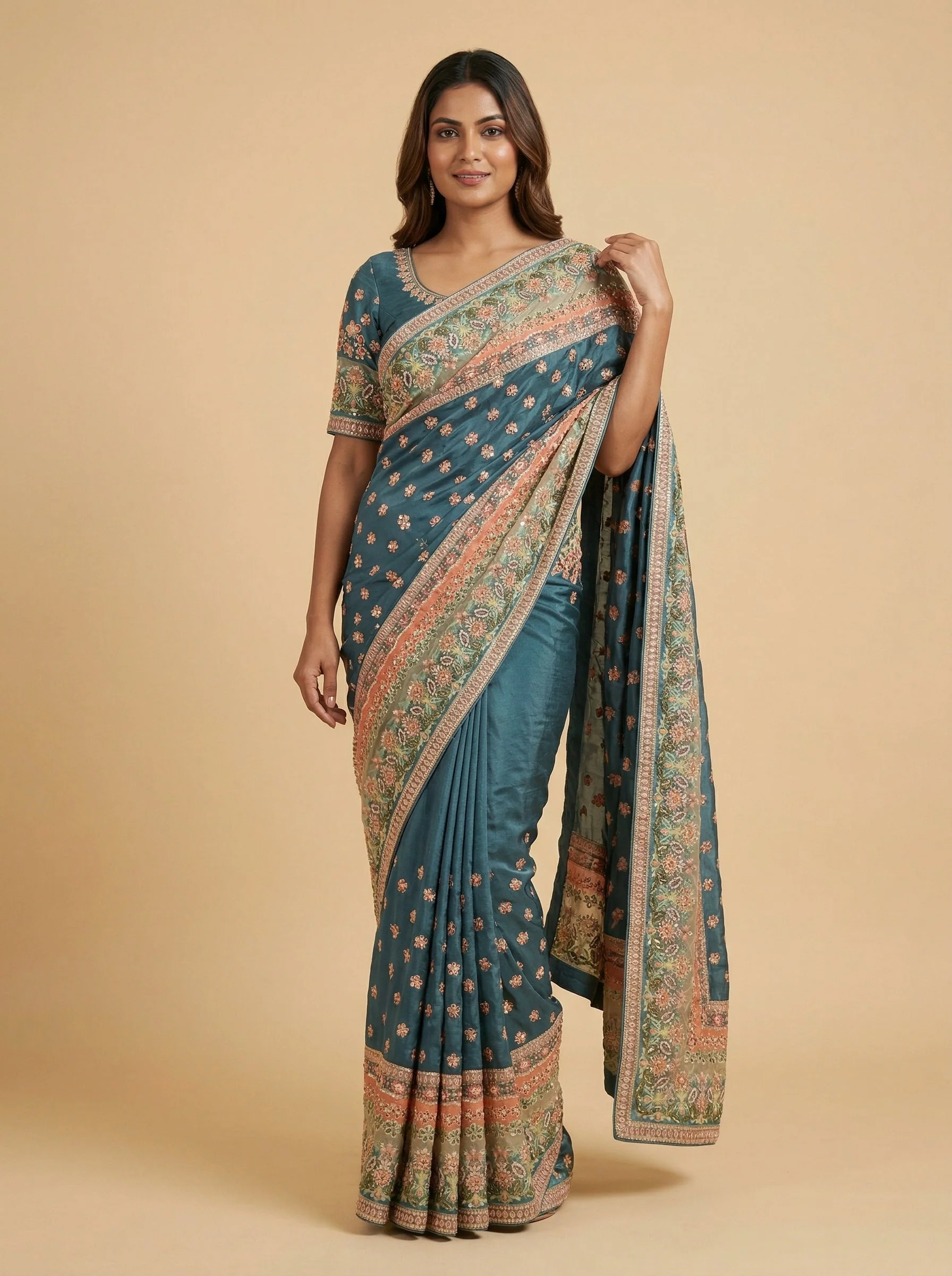 Emerald Sea Green Embroidered Saree