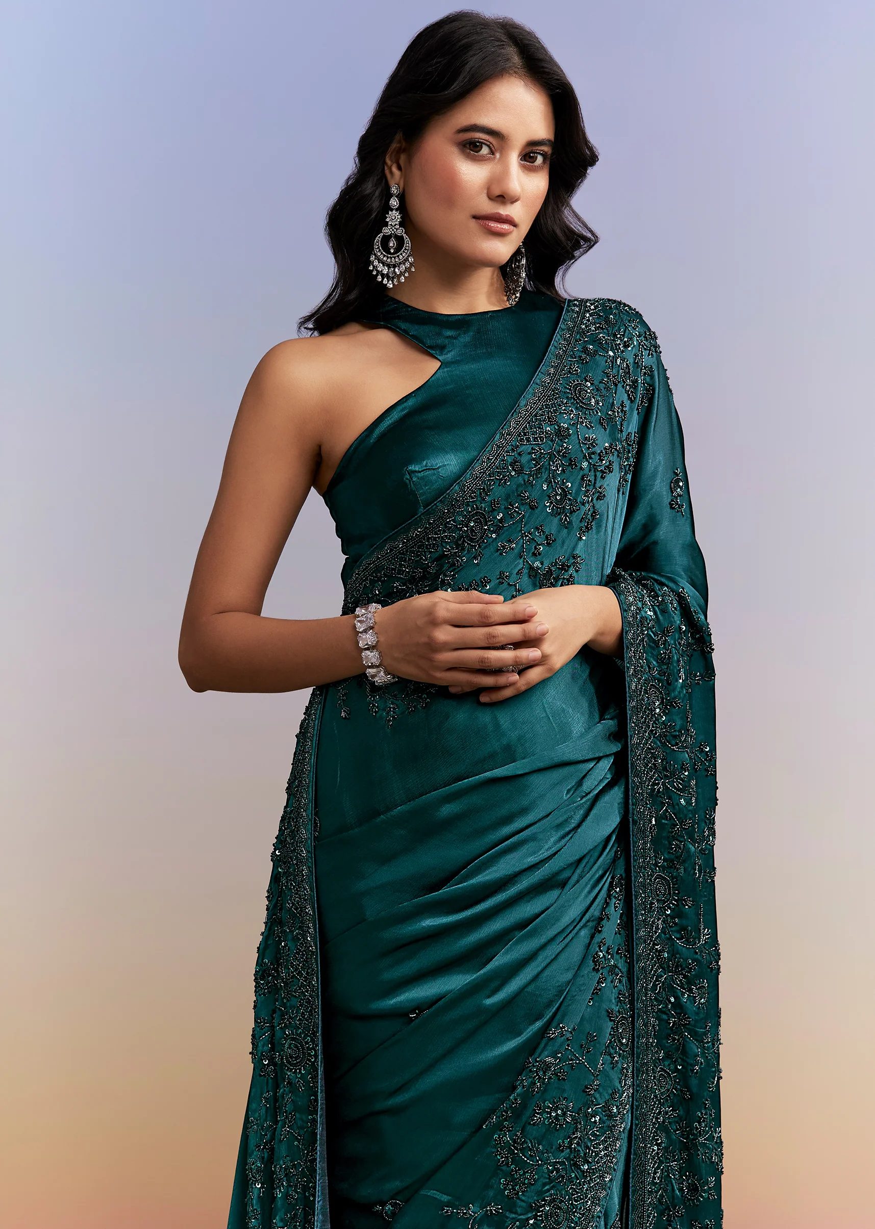 Evening Glamour Couple Set – Teal Blue Satin Chinon Embroidered Saree for Her And Black Velvet Jodhpuri for Him - Image 6