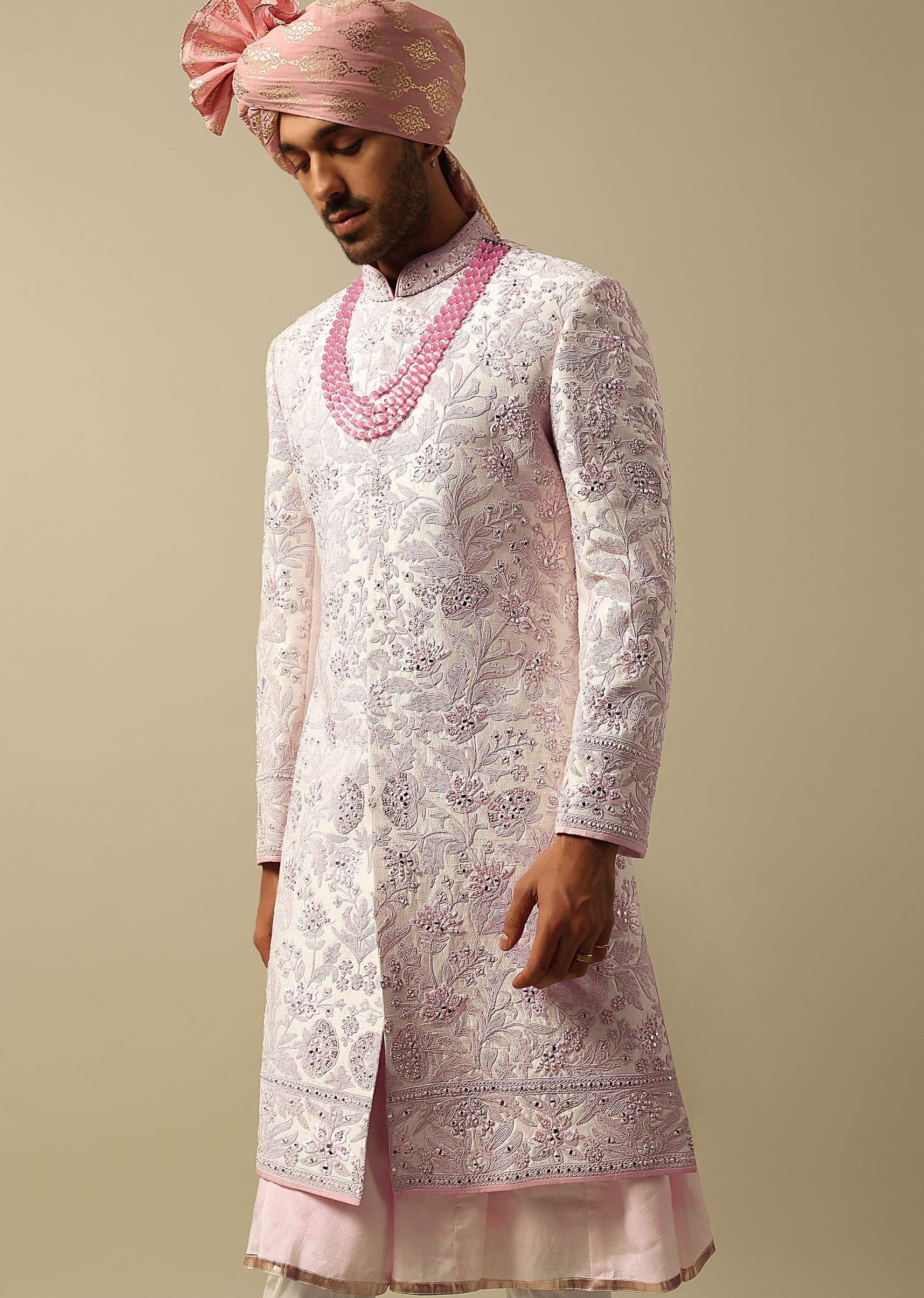 Exquisite Pink Raw Silk Sherwani - Image 3