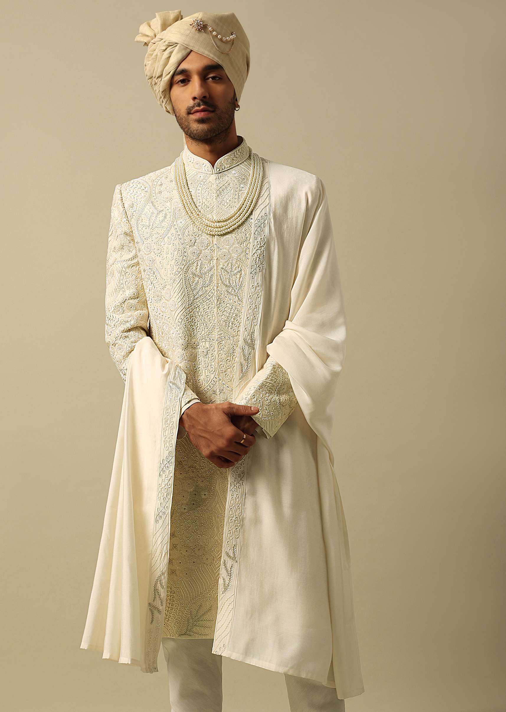 Exquisite White Raw Silk Sherwani Set - Image 3