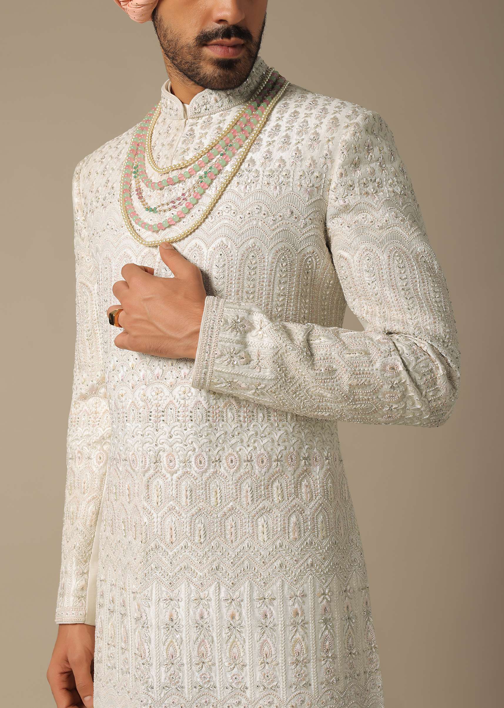 Exquisite White Silk Sherwani Set - Image 3