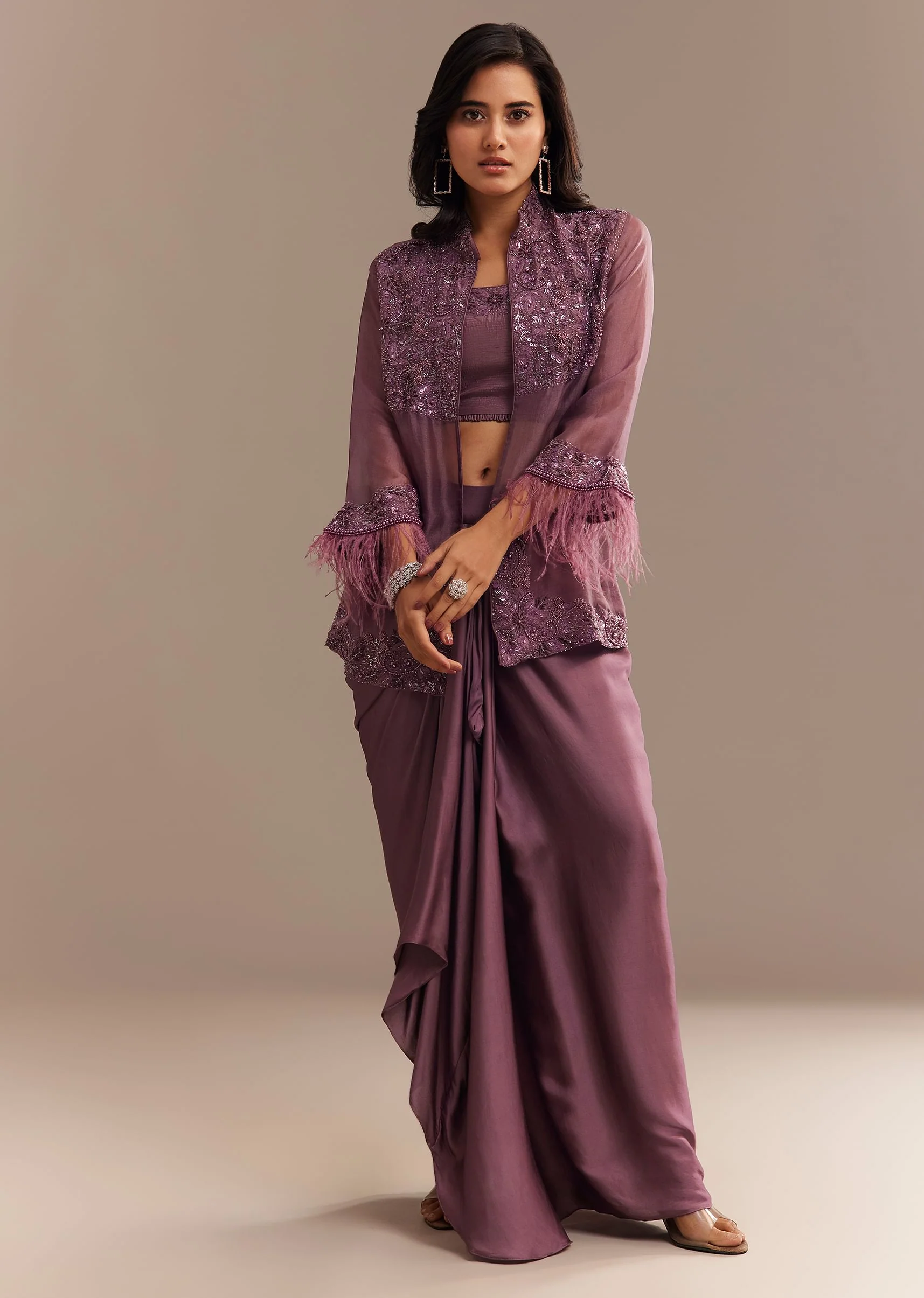 Faded Wine Sequined Jacket Draped Skirt Set - Image 3