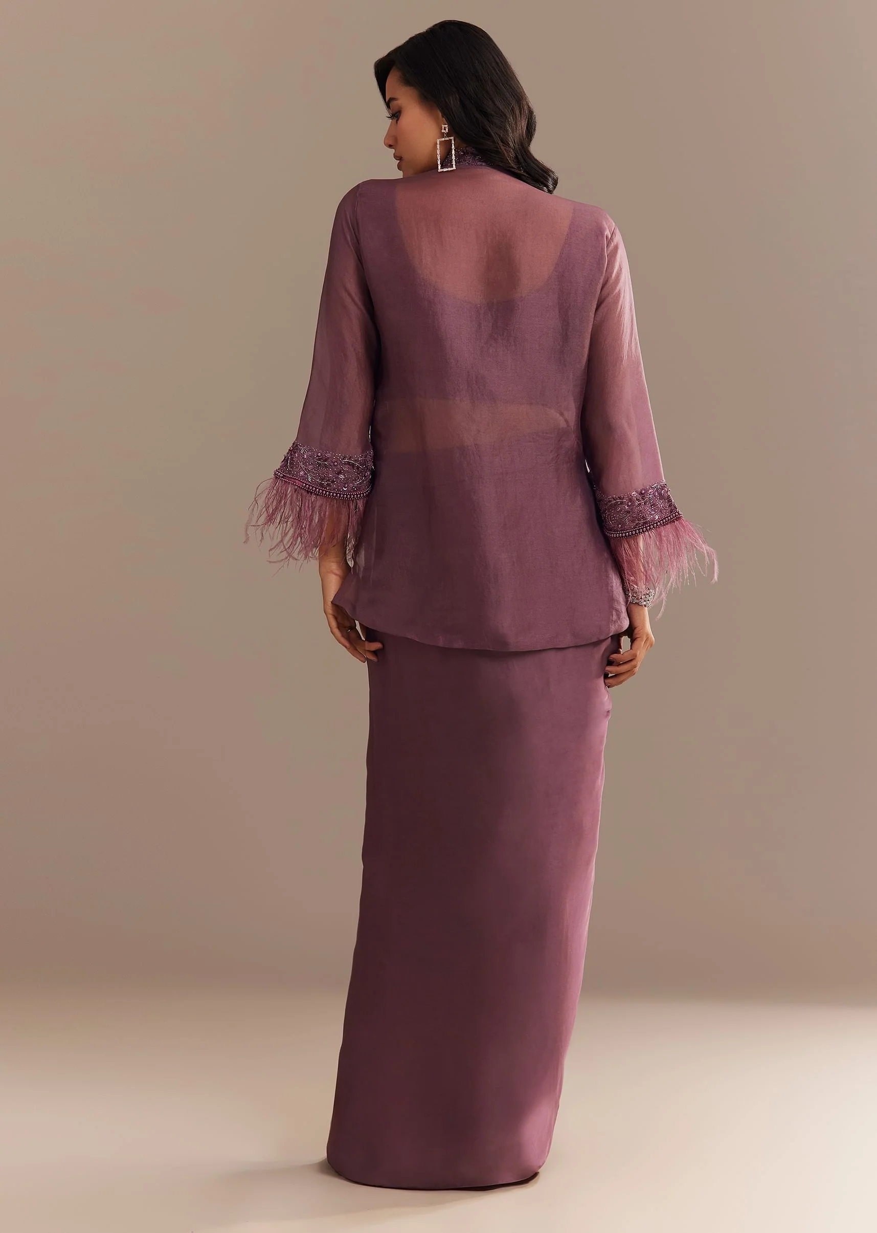 Faded Wine Sequined Jacket Draped Skirt Set - Image 5