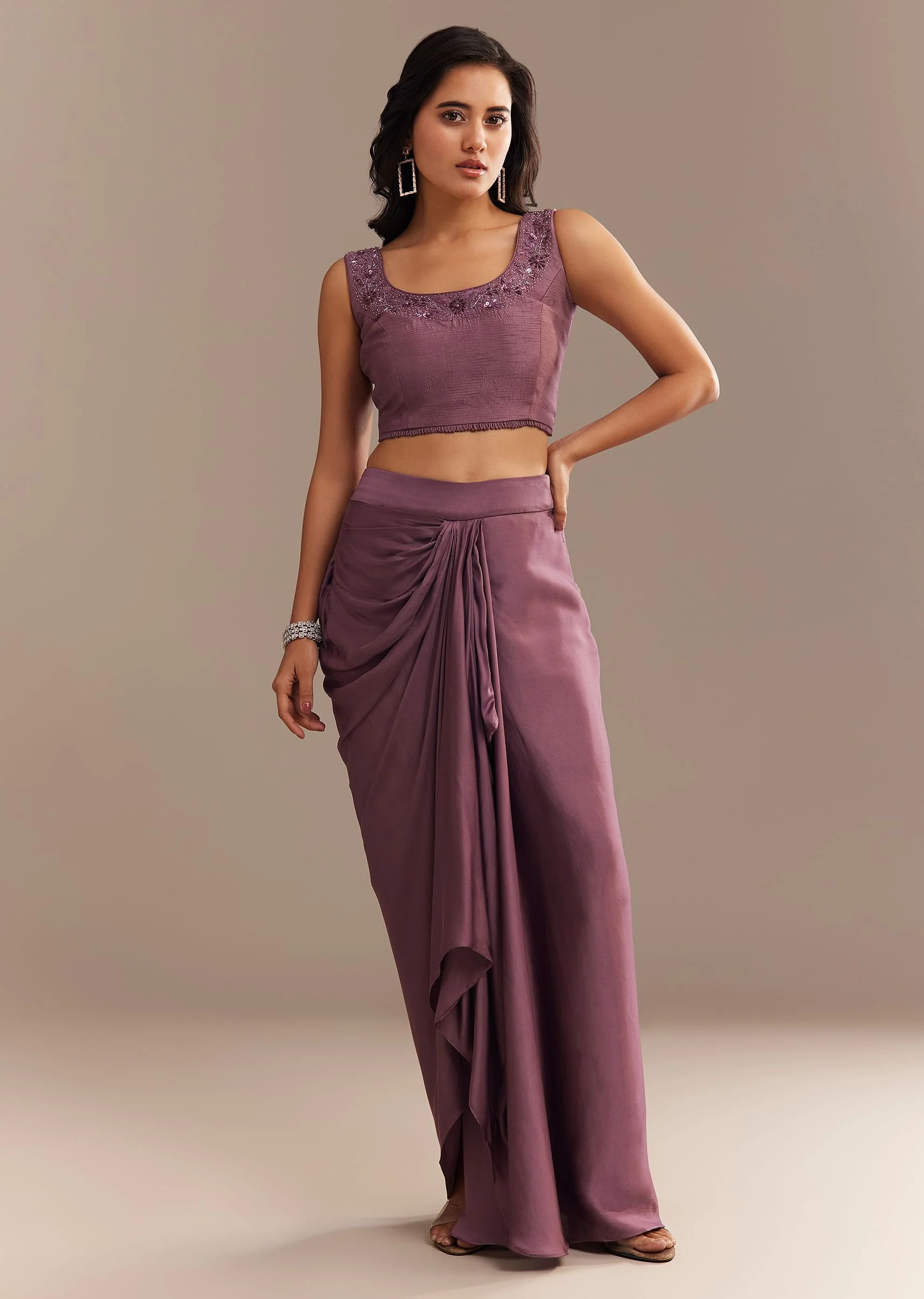 Faded Wine Sequined Jacket Draped Skirt Set - Image 6