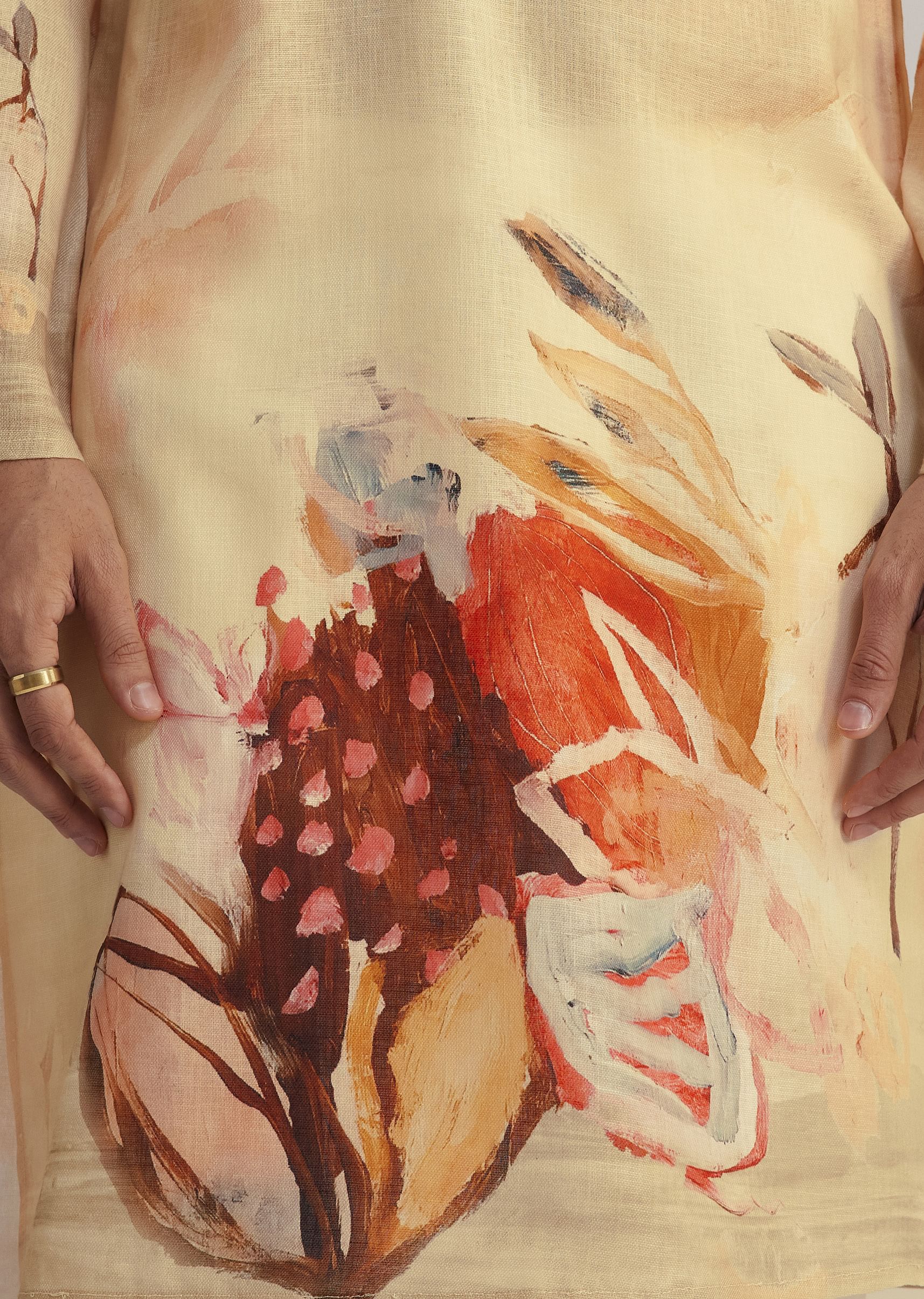 Fawn Linen Kurta Set With Butterfly Inspired Abstract Print - Image 3