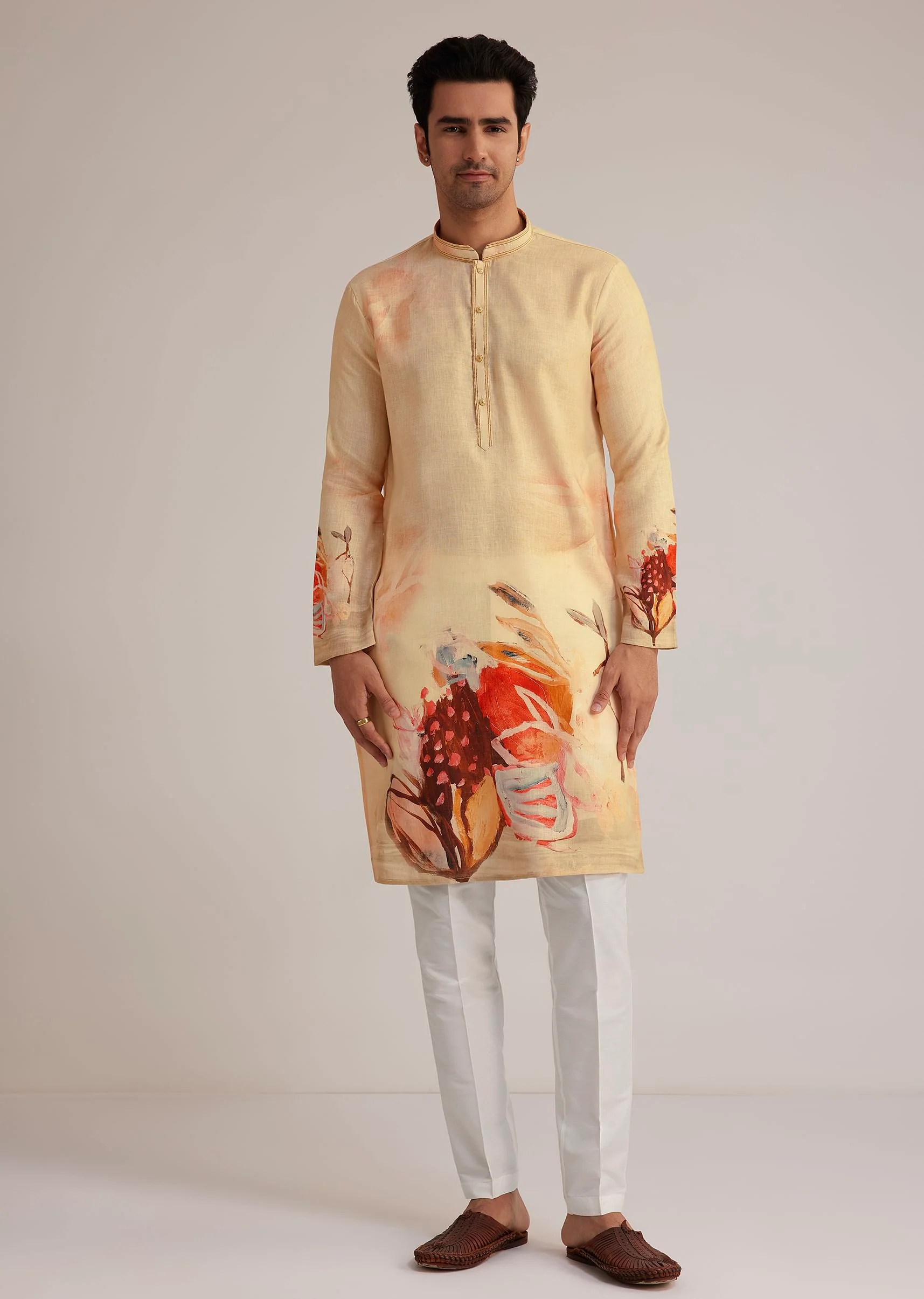 Fawn Linen Kurta Set With Butterfly Inspired Abstract Print - Image 4