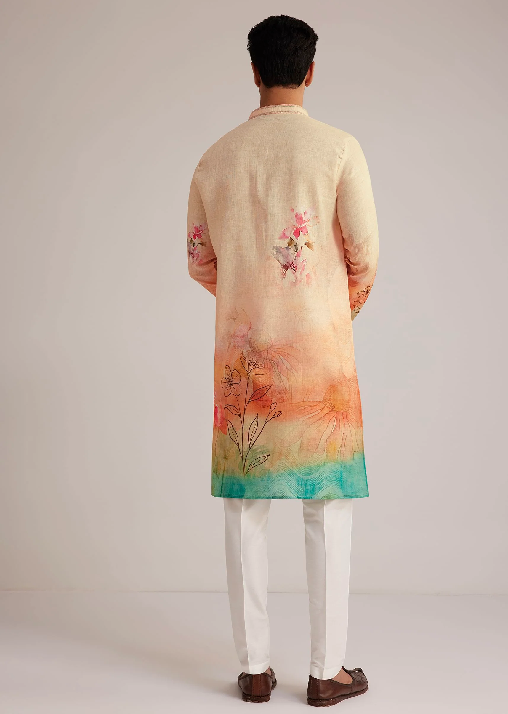 Fawn Linen Ombre Kurta Set With Floral Print - Image 6
