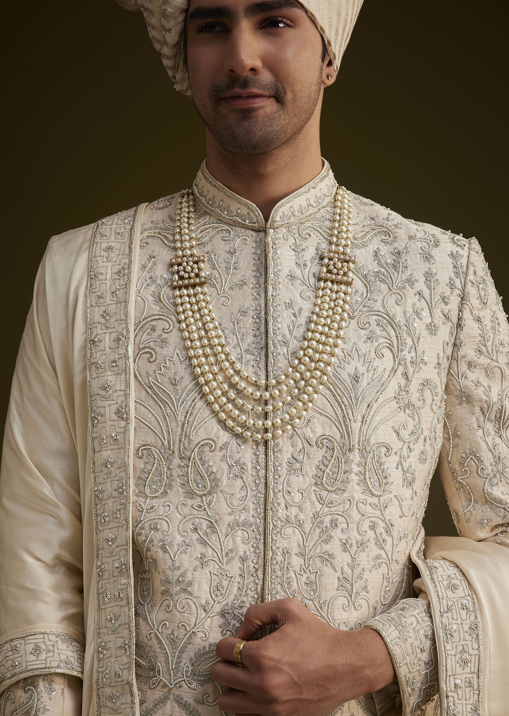 Fawn Silk Sherwani Set With Zardosi Detailing