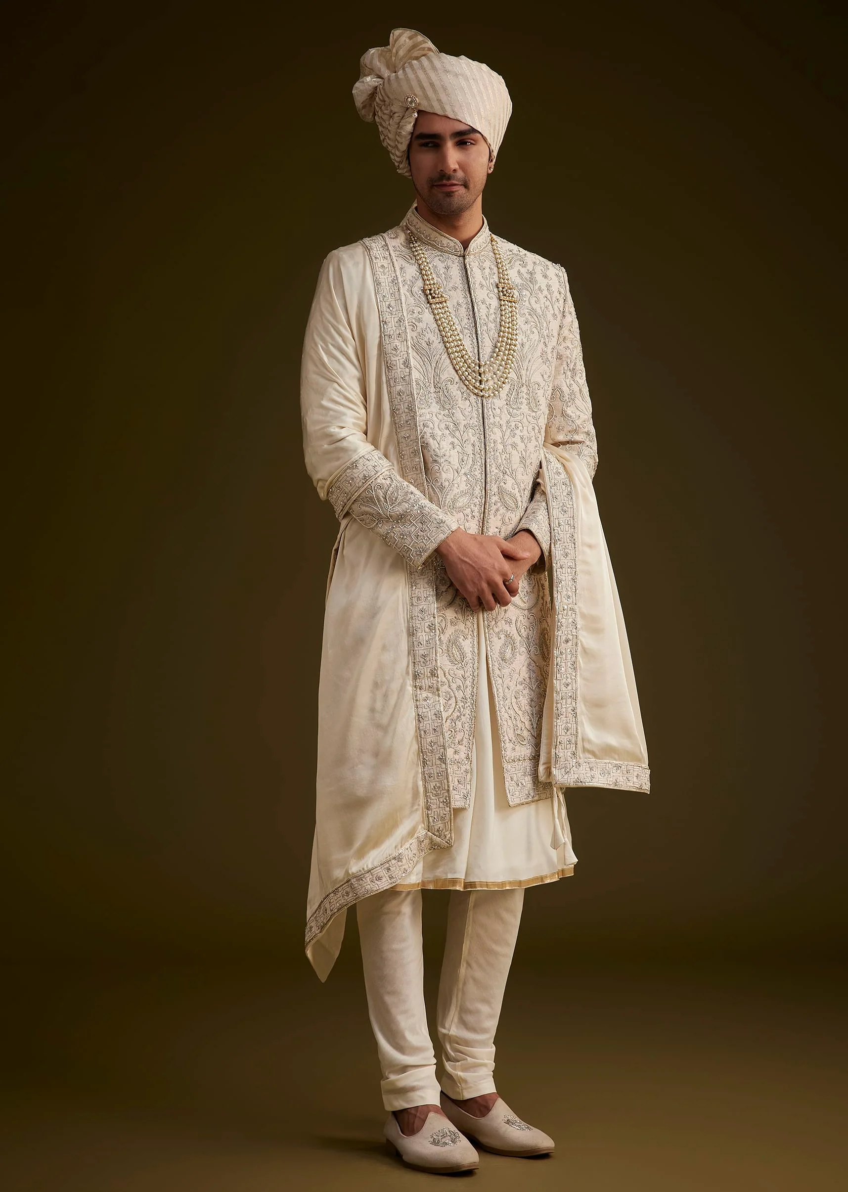 Fawn Silk Sherwani Set With Zardosi Detailing - Image 2