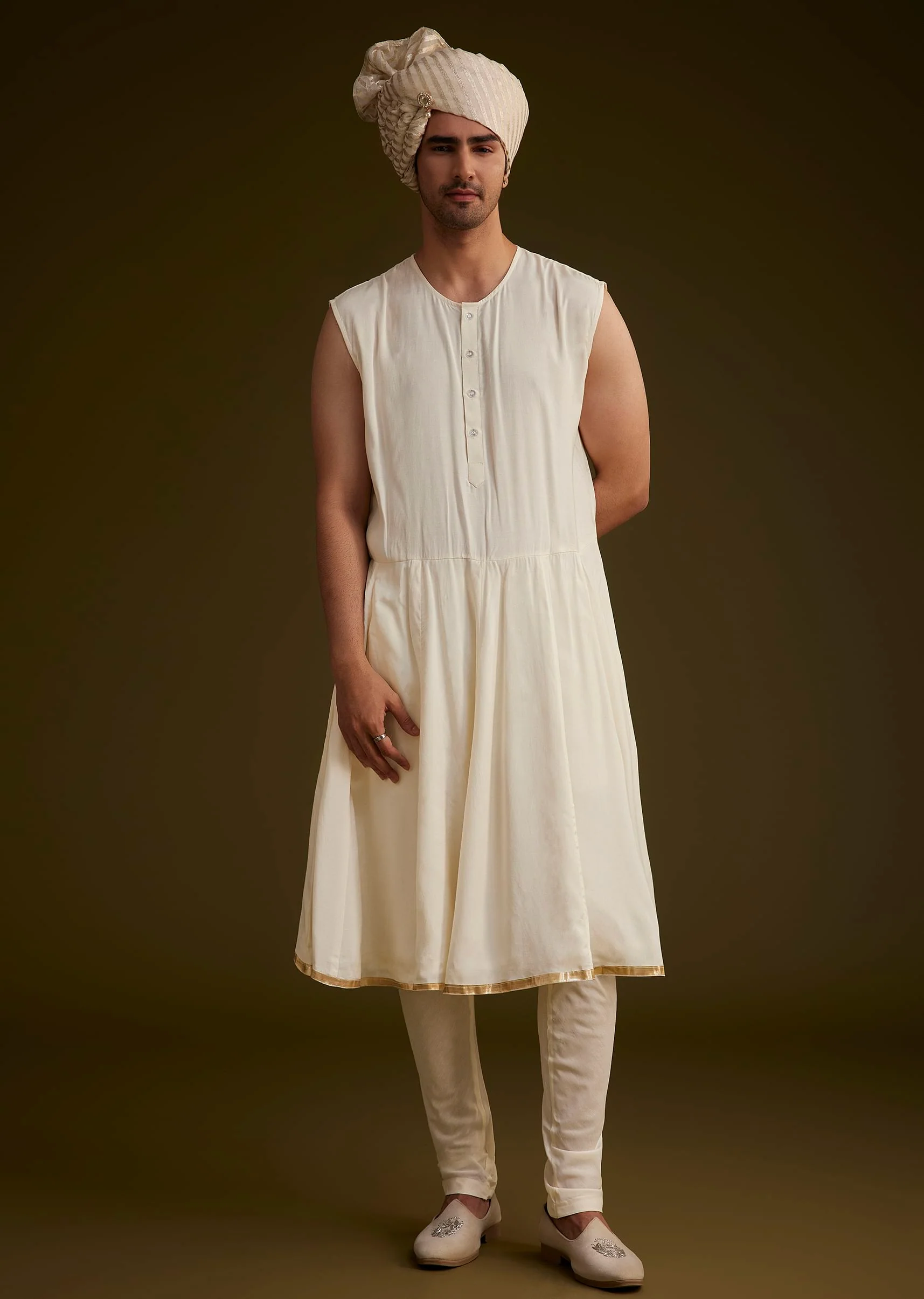 Fawn Silk Sherwani Set With Zardosi Detailing - Image 7