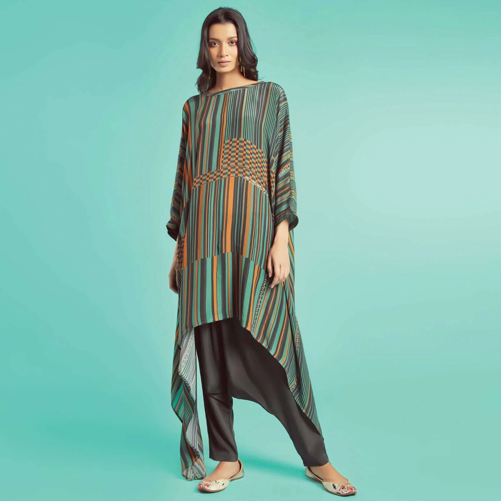 Fern Green Kurta Set With Multi Colored Striped And Checks Pattern And Grey Low Crotch Pants - Image 4