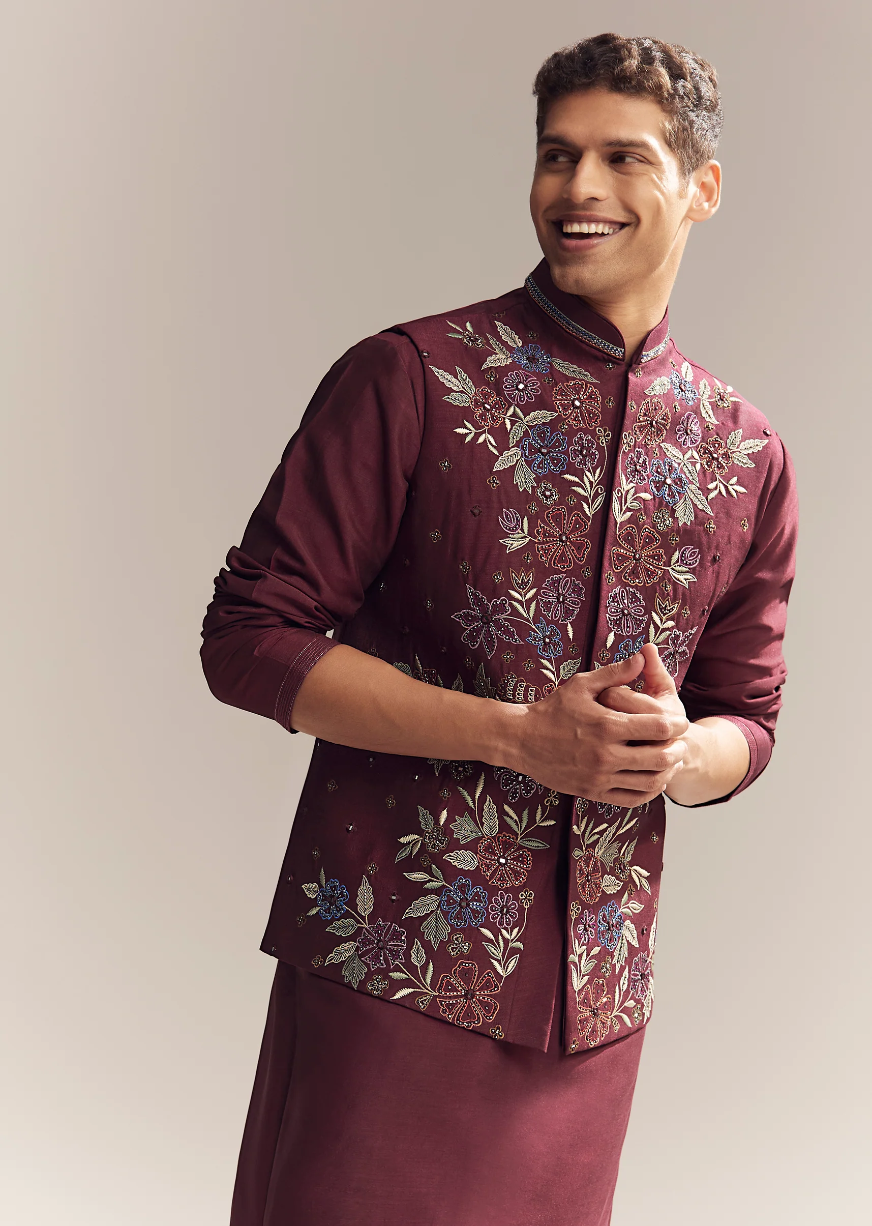 Festive Couple Set – Wine Tissue Organza Embroidered Saree For Her And Red Silk Kurta Jacket Set With Resham Embroidery For Him - Image 12
