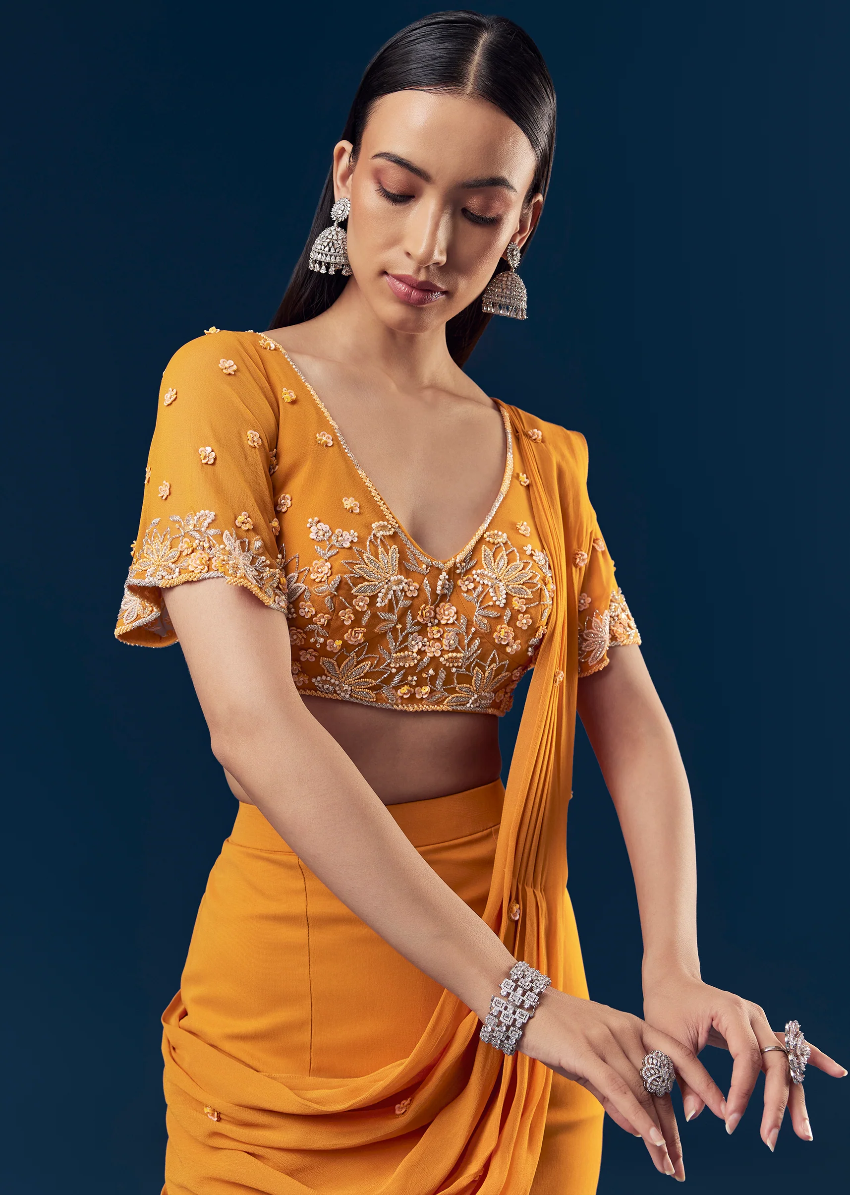 Festive Orange Duo – Indo Western Saree For Her And Kurta Set For Him - Image 2