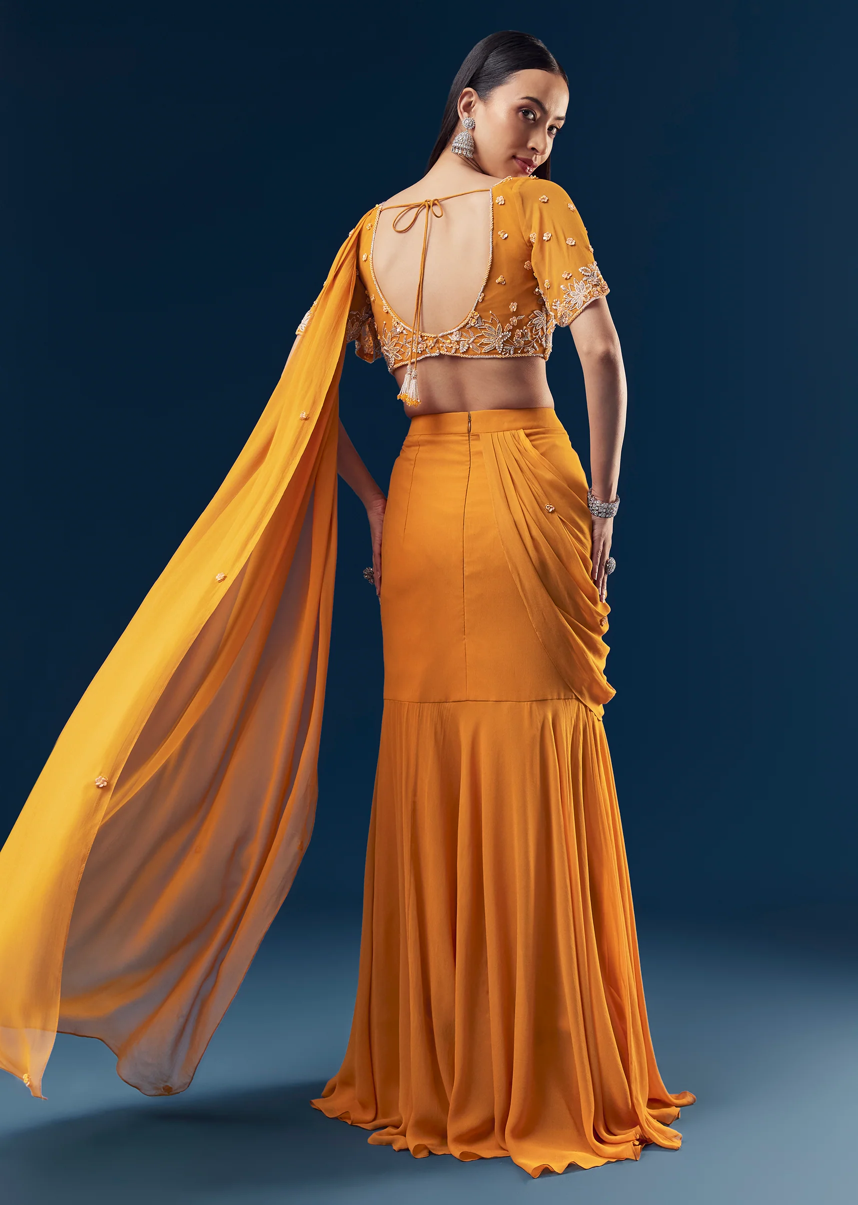 Festive Orange Duo – Indo Western Saree For Her And Kurta Set For Him - Image 6