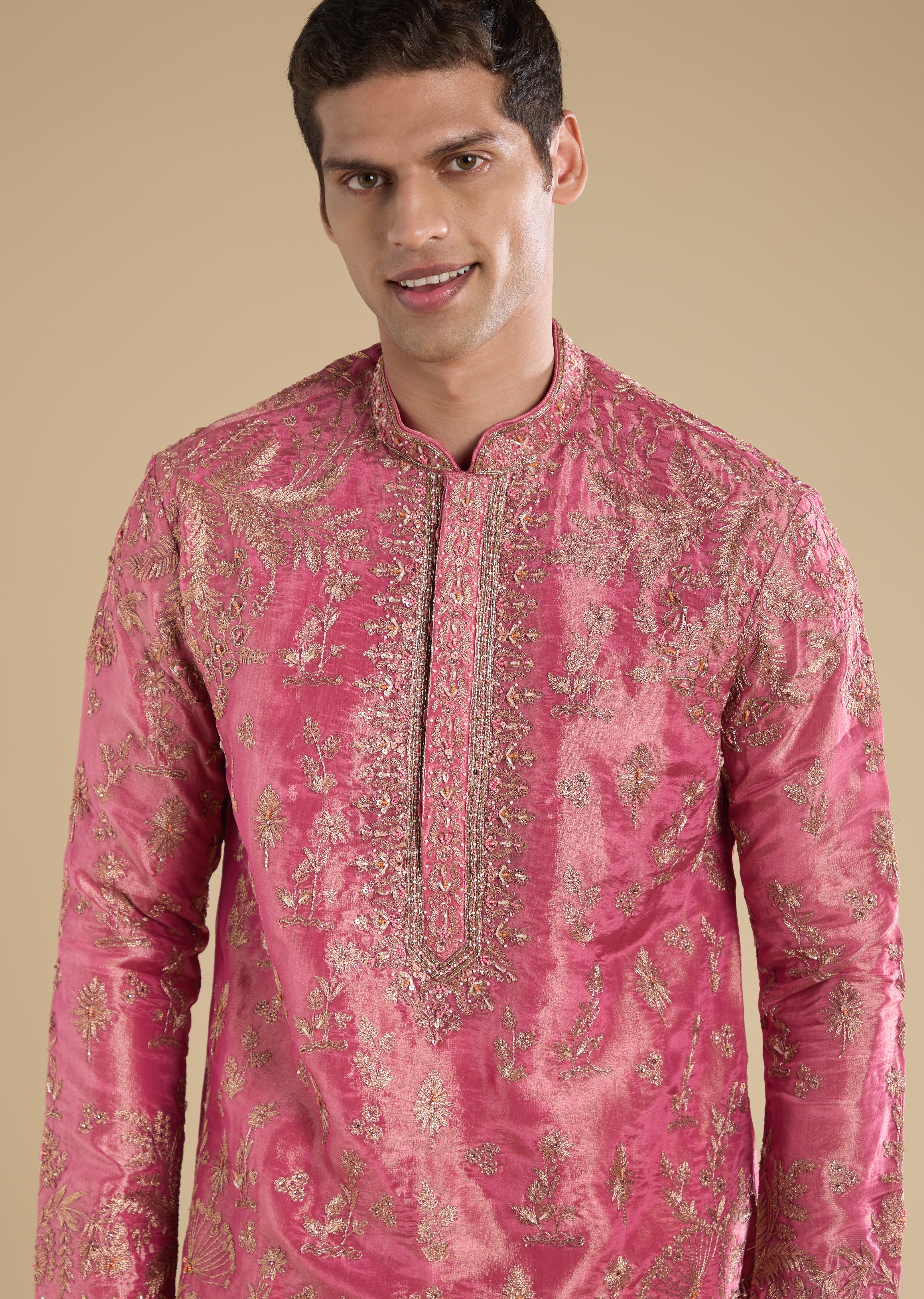 Festive Wedding Couple Set – Orange Brocade Bridesmaid Lehenga with Leheriya Dupatta for Her And Pink Embellished Tissue Kurta Set for Him - Image 7