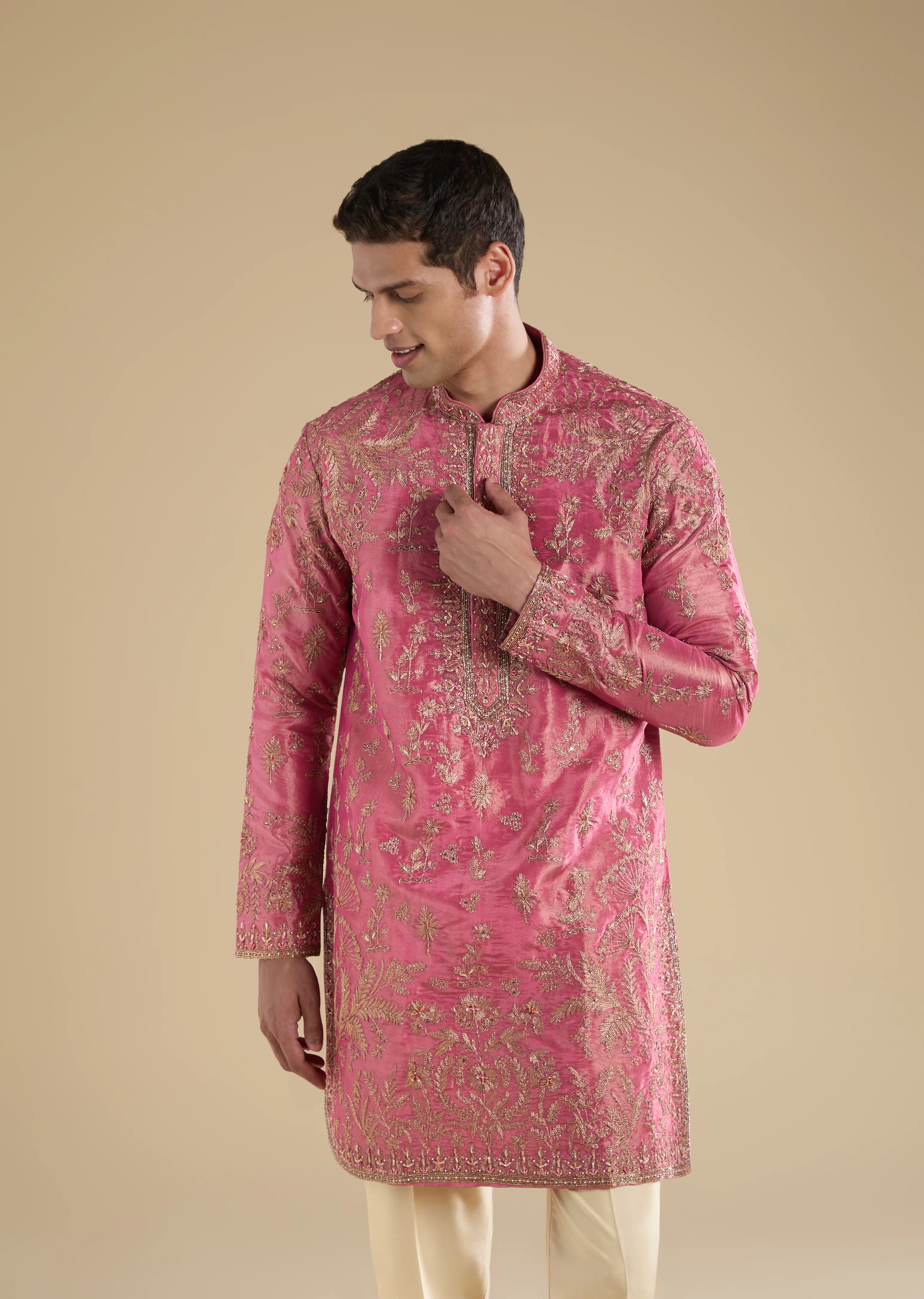 Festive Wedding Couple Set – Orange Brocade Bridesmaid Lehenga with Leheriya Dupatta for Her And Pink Embellished Tissue Kurta Set for Him - Image 9