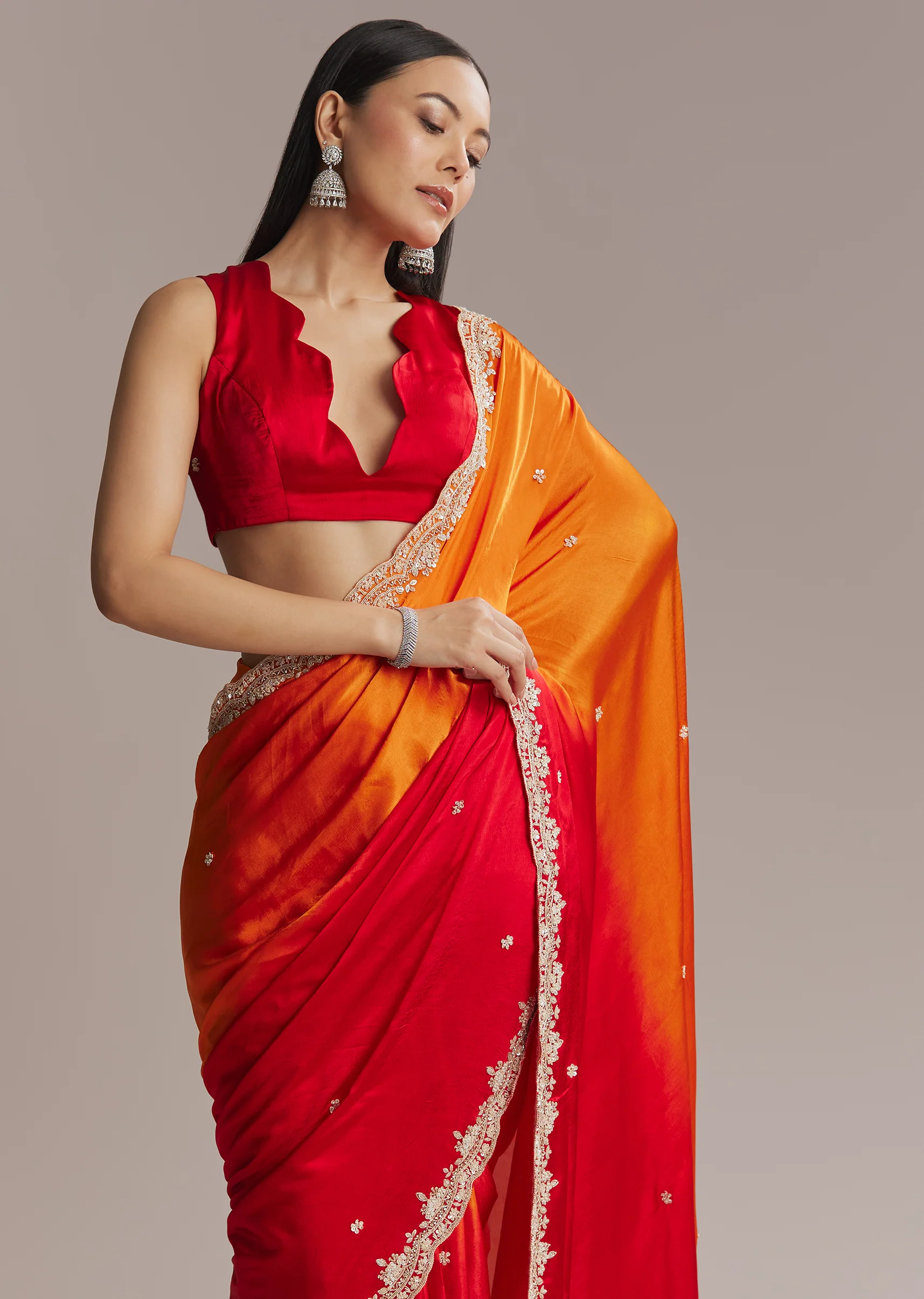 Fiery Festive Couple Set – Orange And Red Chinon Saree With Sequin And Bead Embroidery For Her And Red Ombre Kurta Set With Mirror Work For Him - Image 6