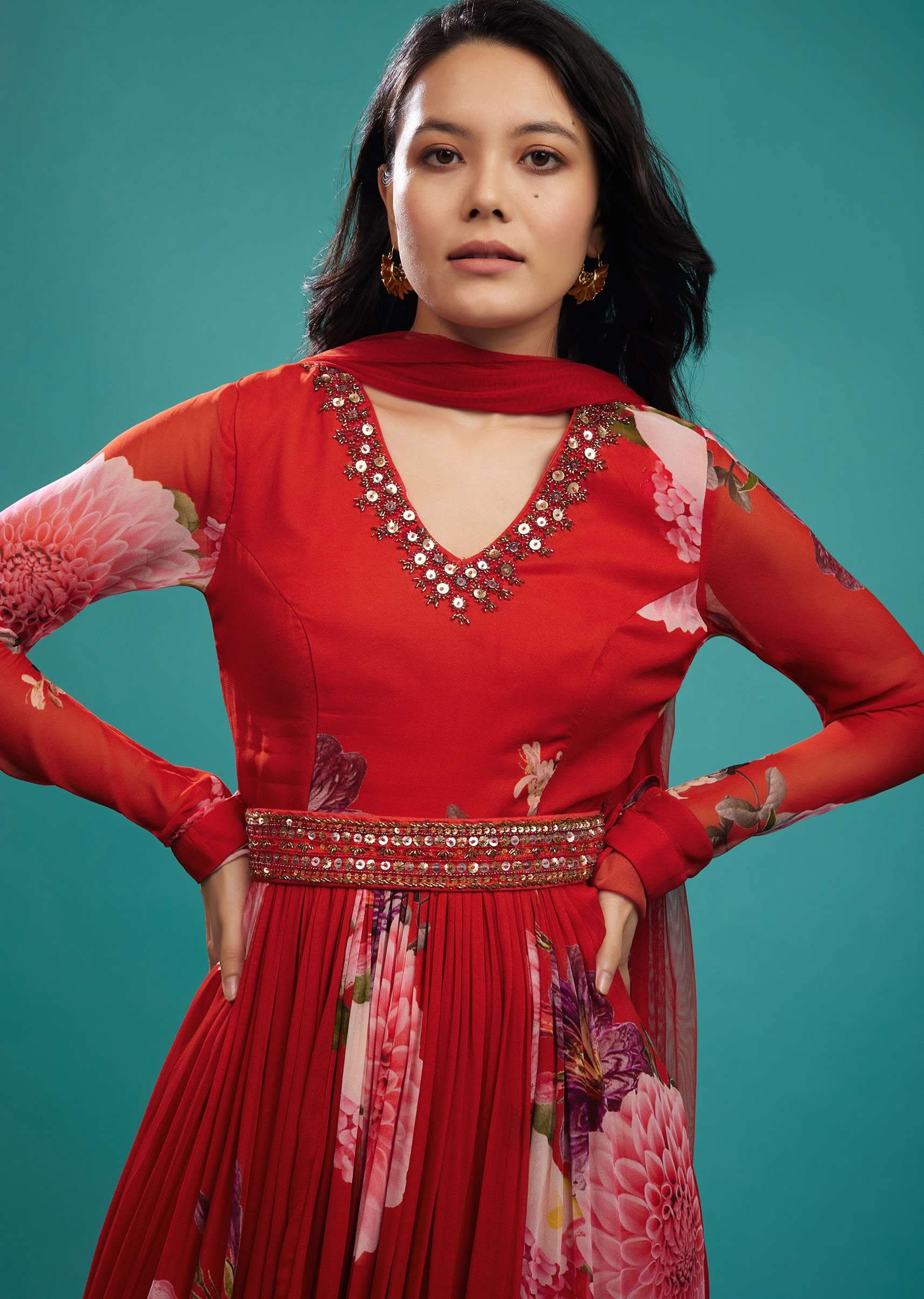 Fiery Red Floral Anarkali Suit In Georgette Fabric - Image 4