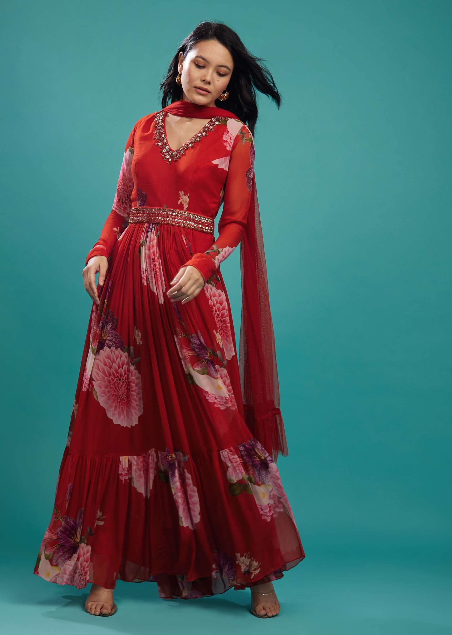 Fiery Red Floral Anarkali Suit In Georgette Fabric - Image 5