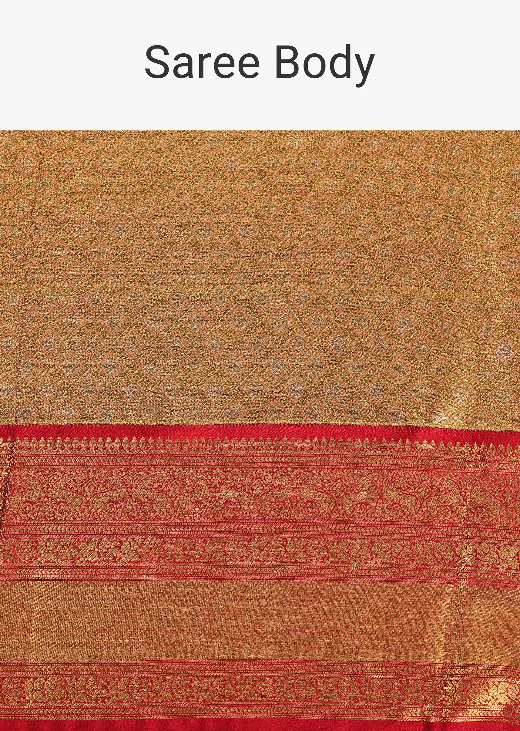 Fiery Red Gold-Toned Kanjivaram Saree In Tissue Silk With 14GM Real Zari Weave And Unstitched Blouse - Image 4