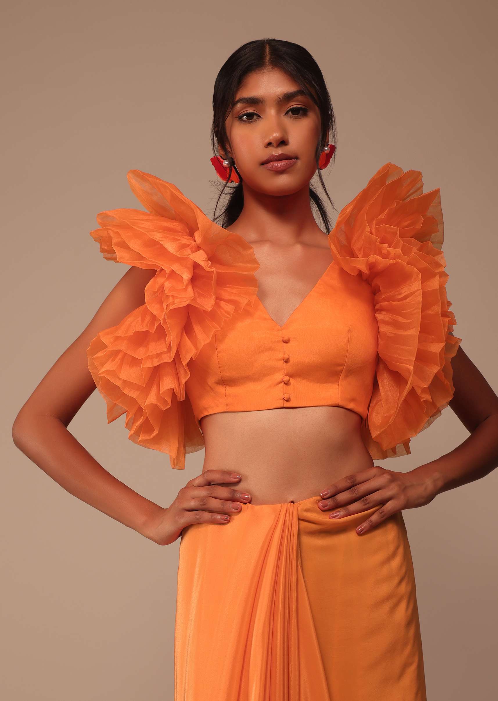 Fire Orange Crepe Indo-western Saree With Pearl Embroidered Belt - Image 4