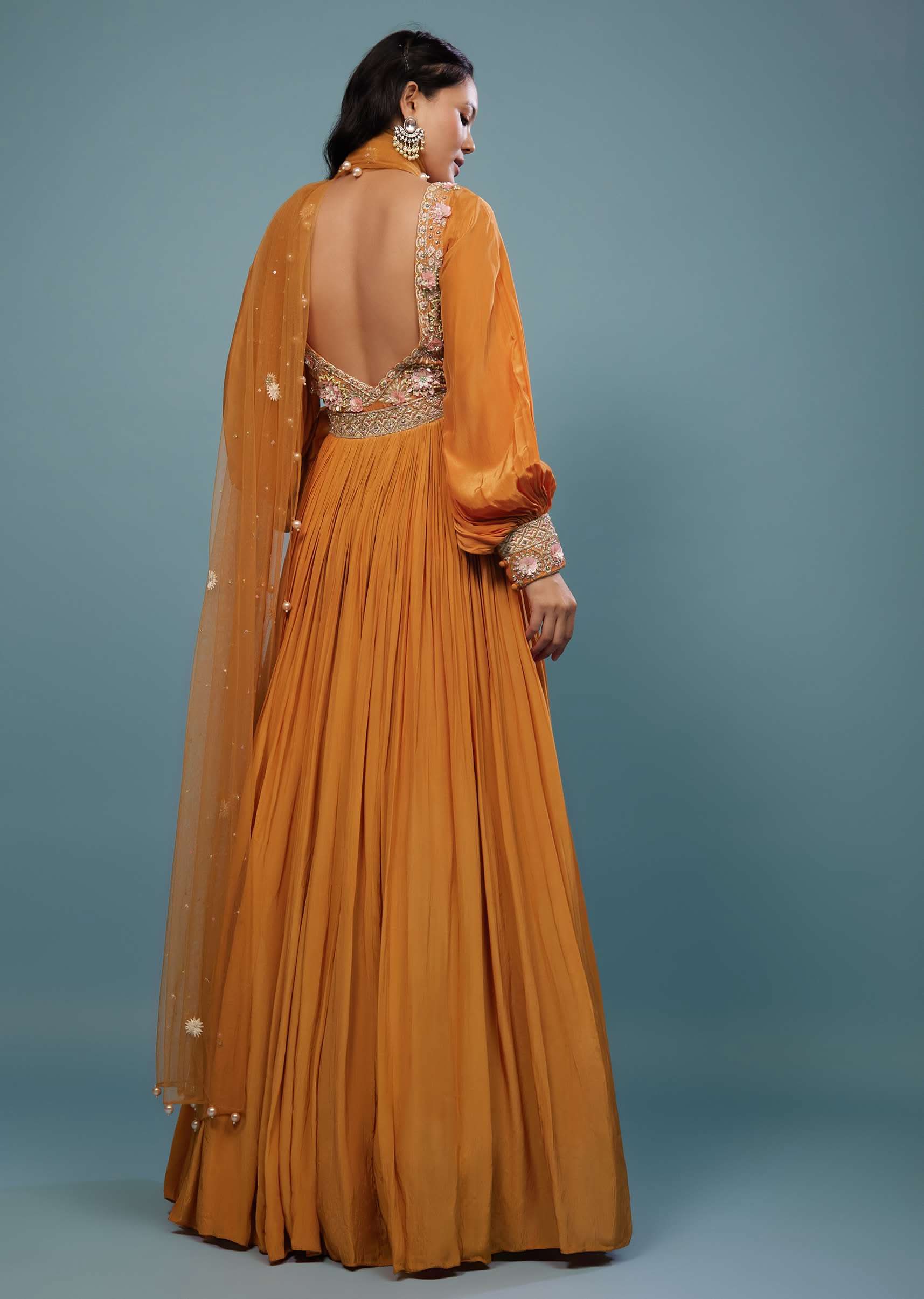 Fire Orange Embroidered Anarkali Suit In Crepe - Image 5