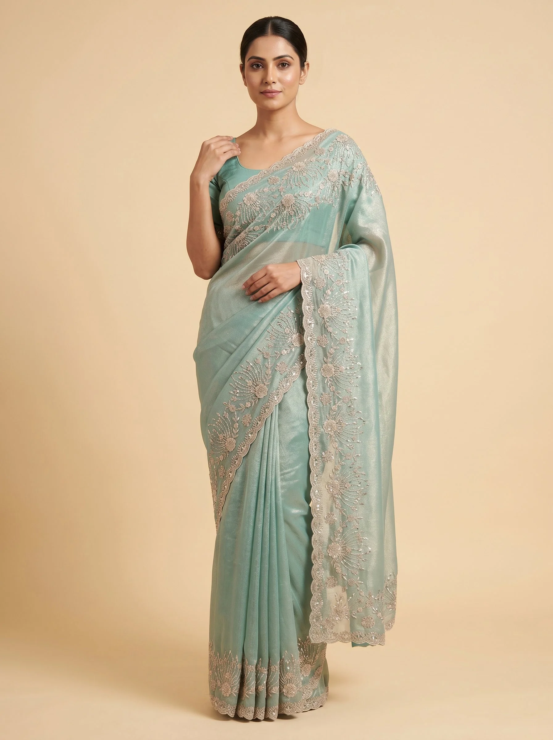 Firozi Aqua Detailing Embroidered Saree