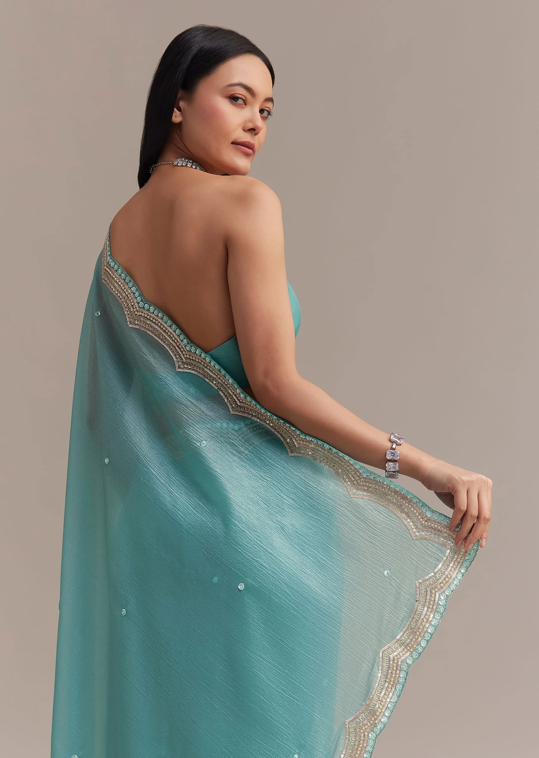Firozi Blue Crushed Tissue Saree With Sequins Embellished Scallop Border - Image 3