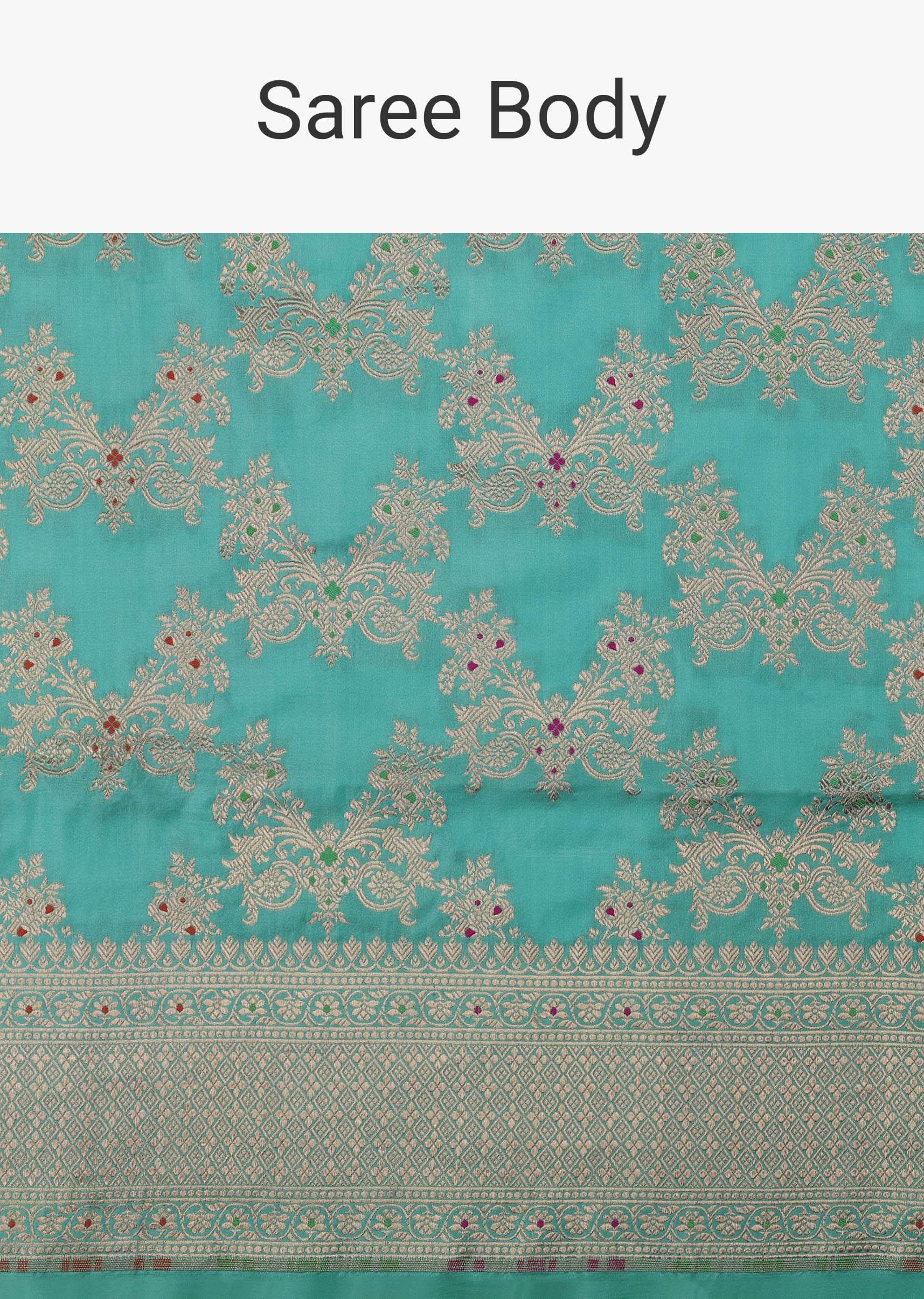 Firozi Blue Handloom Banarasi Saree In Uppada Silk With Gold Woven Meenakari Buttis And Unstitched Blouse - Image 4
