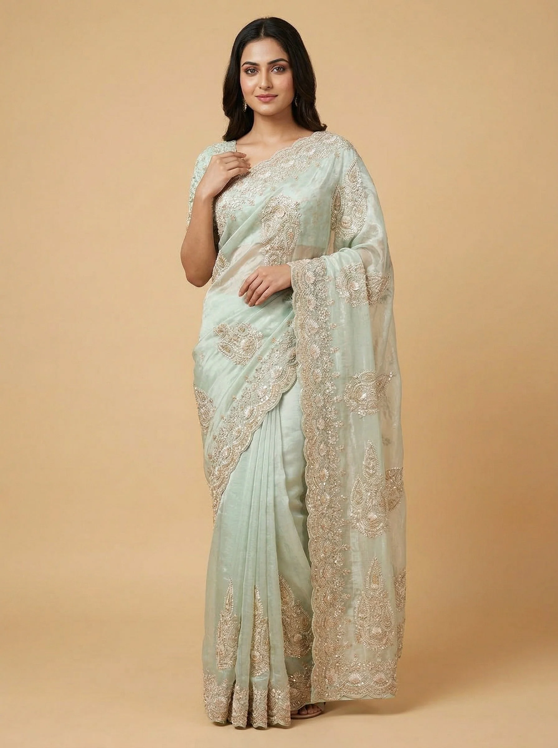 Firozi Dynamic Embroidered Saree