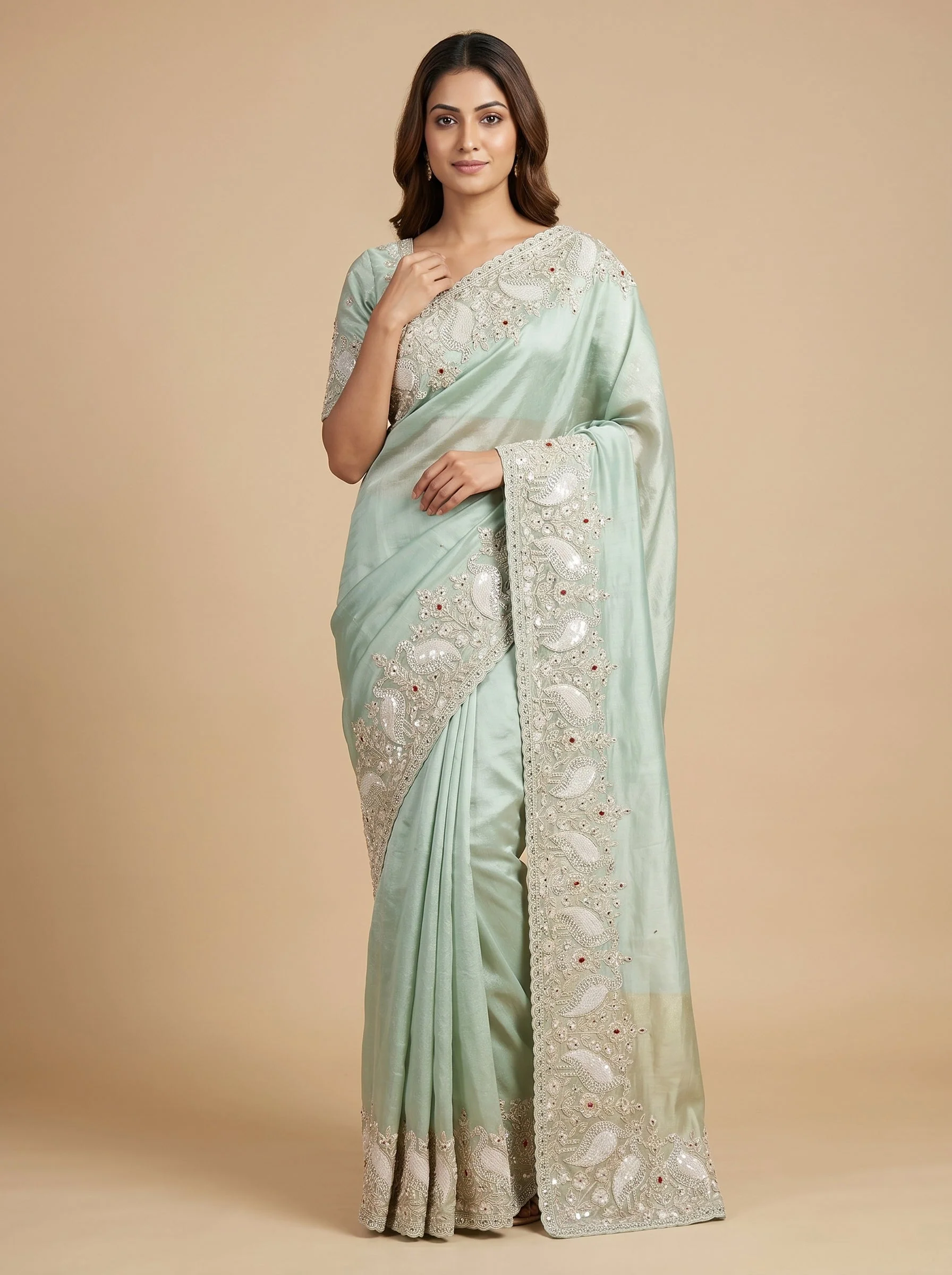 Firozi Fresh Glow Embroidered Saree