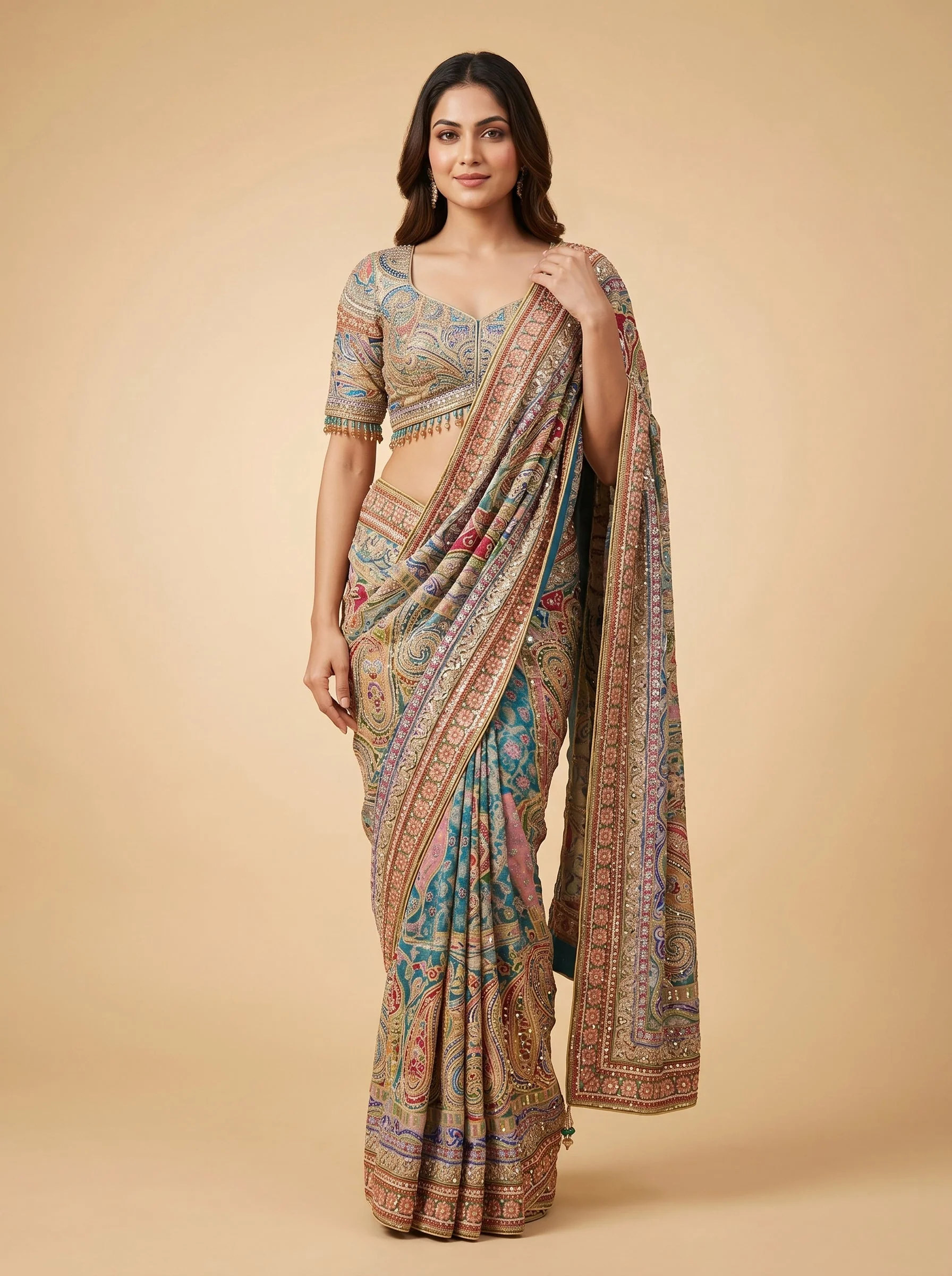 Firozi Glow Embroidered Saree