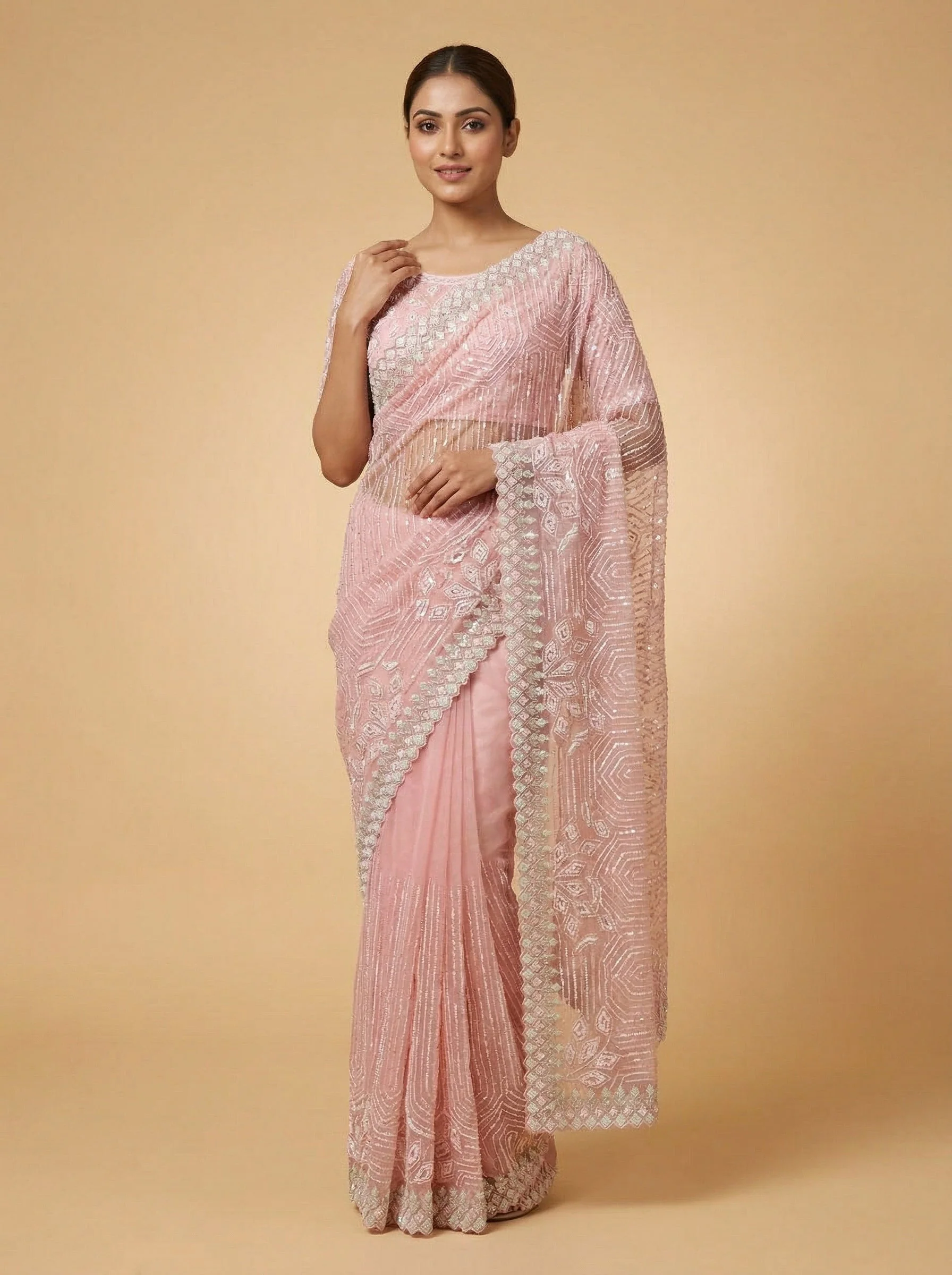 Flamingo Blush Pink Embroidered Saree