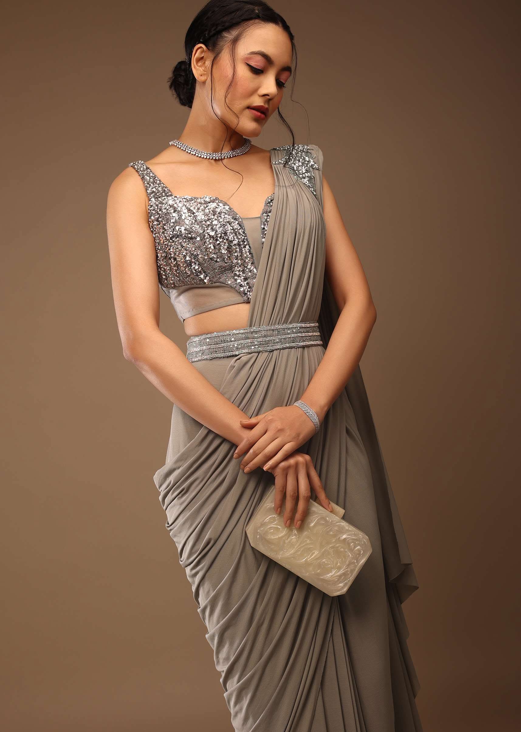 Flint Grey Readymade Saree With A Crop Top Embellished In Sequins With A Corset Neckline - Image 3